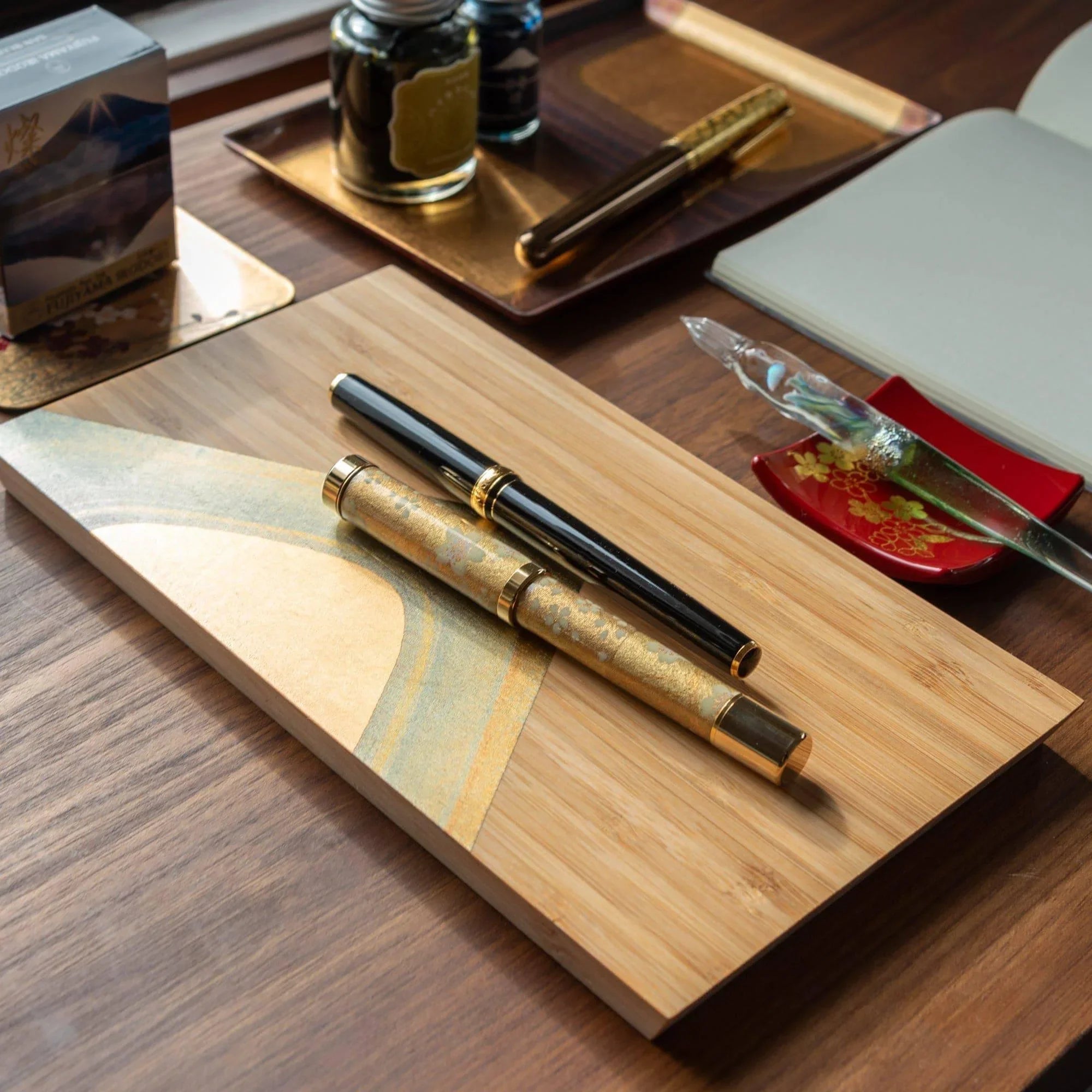 Bamboo Rectangular Pen Tray with Gold Leaf natural wood construction with gold accent Japanese holder