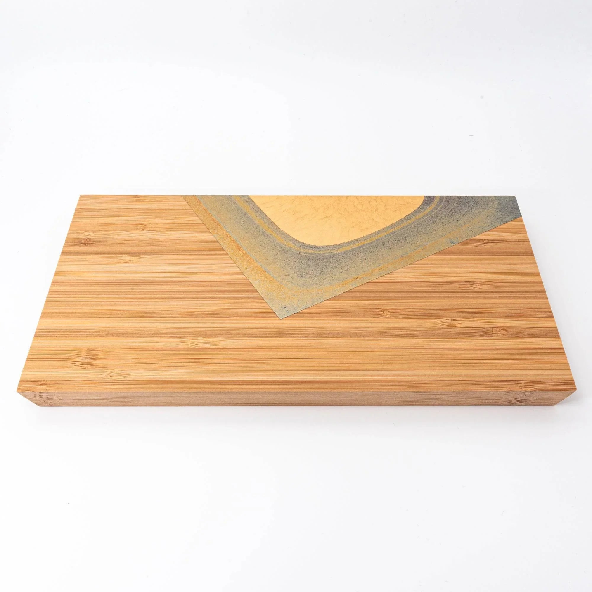 Bamboo Rectangular Pen Tray with Gold Leaf flat lay of natural bamboo wood and gold decoration with clear visibility of
