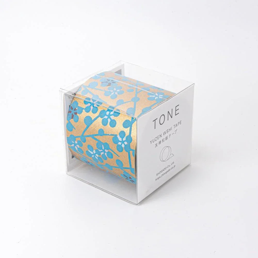Japanese hand-dyed Yuzen washi tape with blue flower design in cardboard packaging for decorative craft use