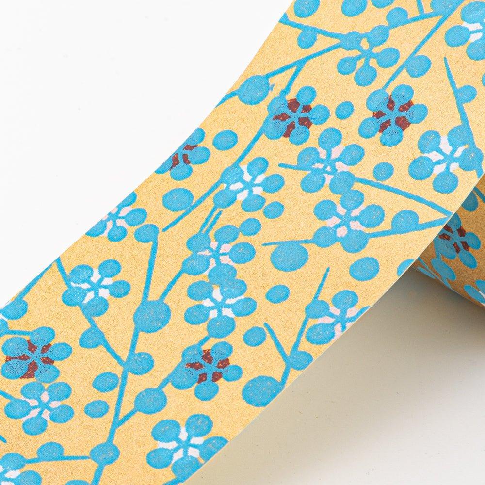 Washi tape with blue flower hand-dye design displayed unrolled showing pattern length for decorative giftwrap