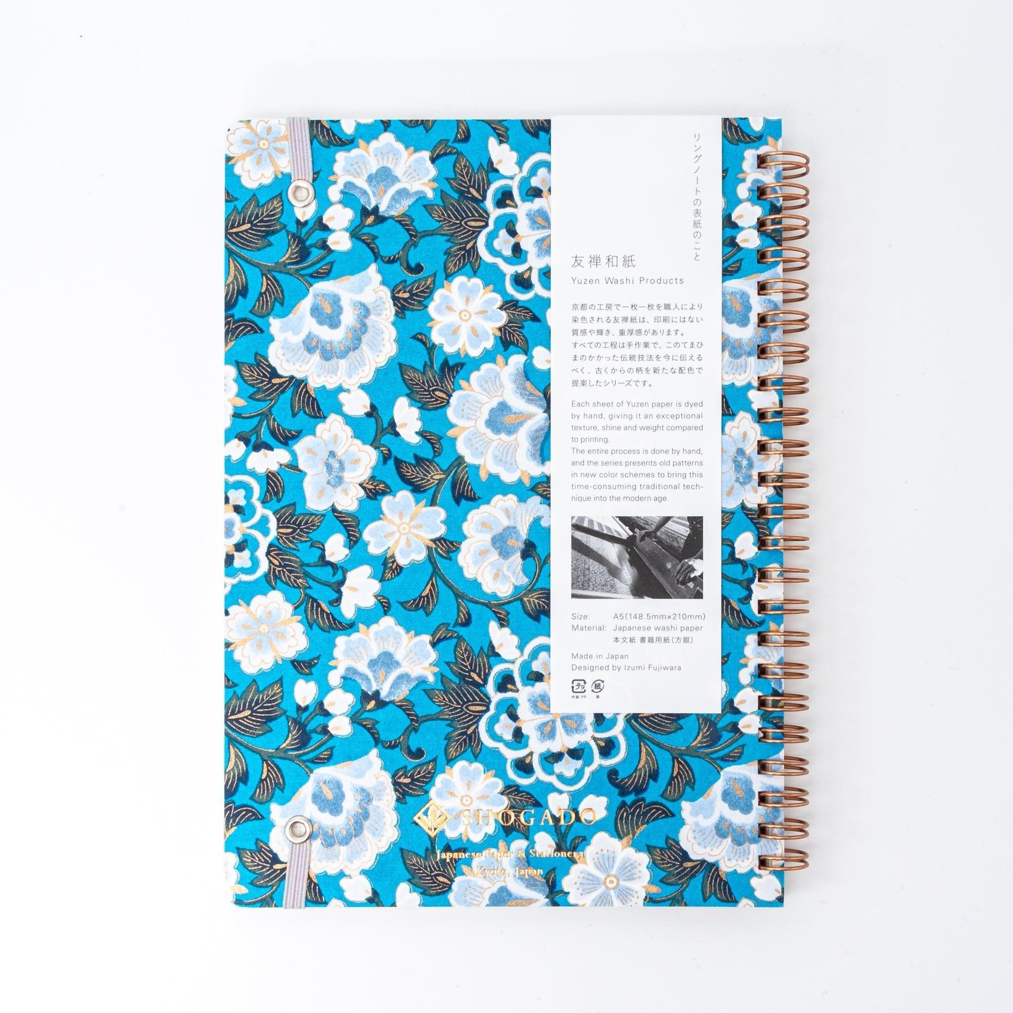 Multiple pages of blue garden washi spiral notebook displayed showing blank writing space page layout