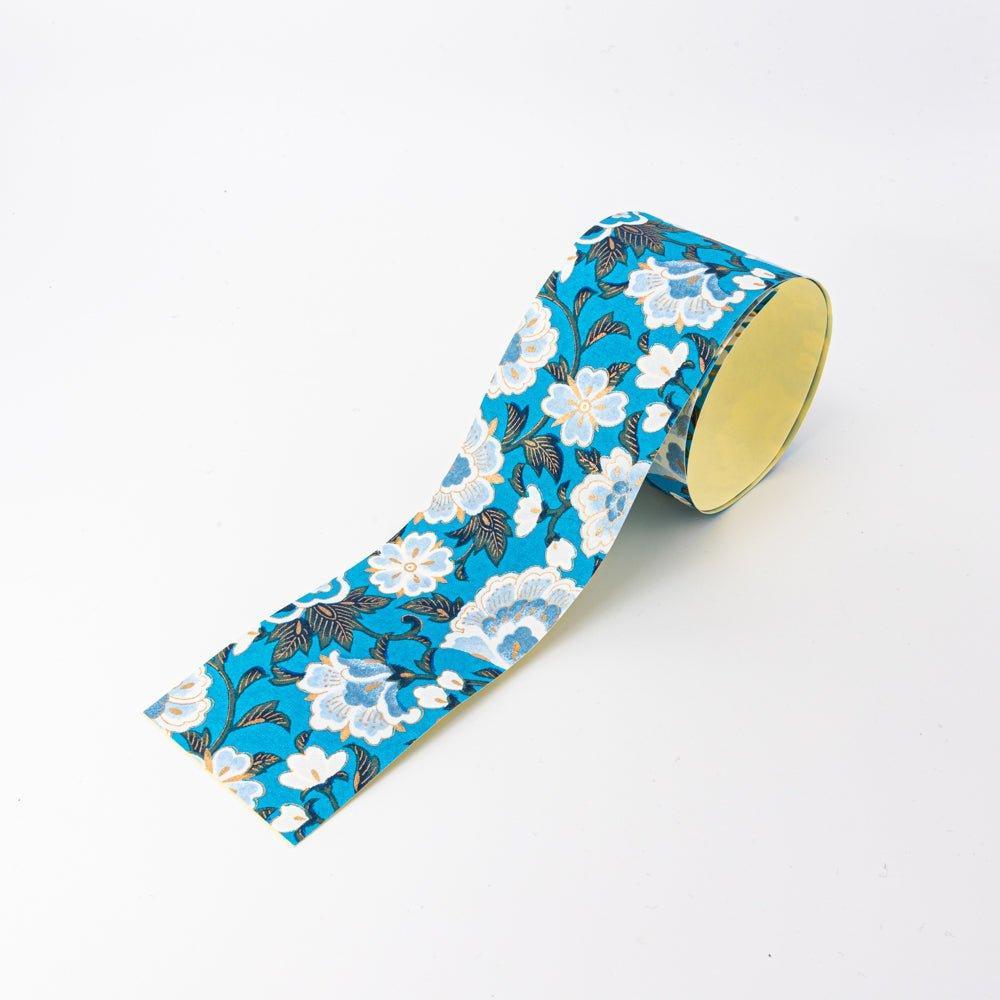 Blue garden Yuzen washi tape roll showing intricate hand-dyed garden pattern for decoration and craft