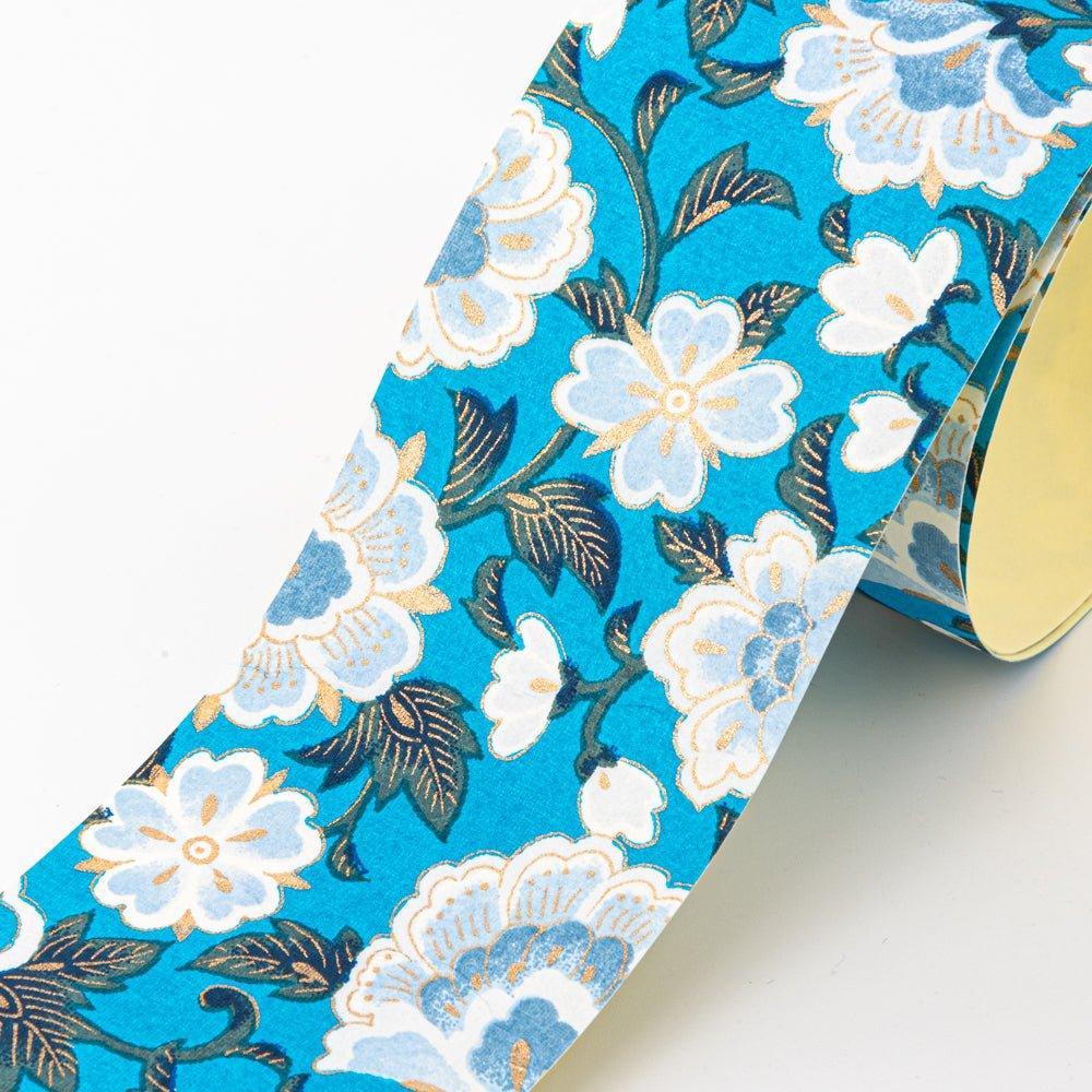 Washi tape with blue garden hand-dye design displayed unrolled showing complete pattern length for use