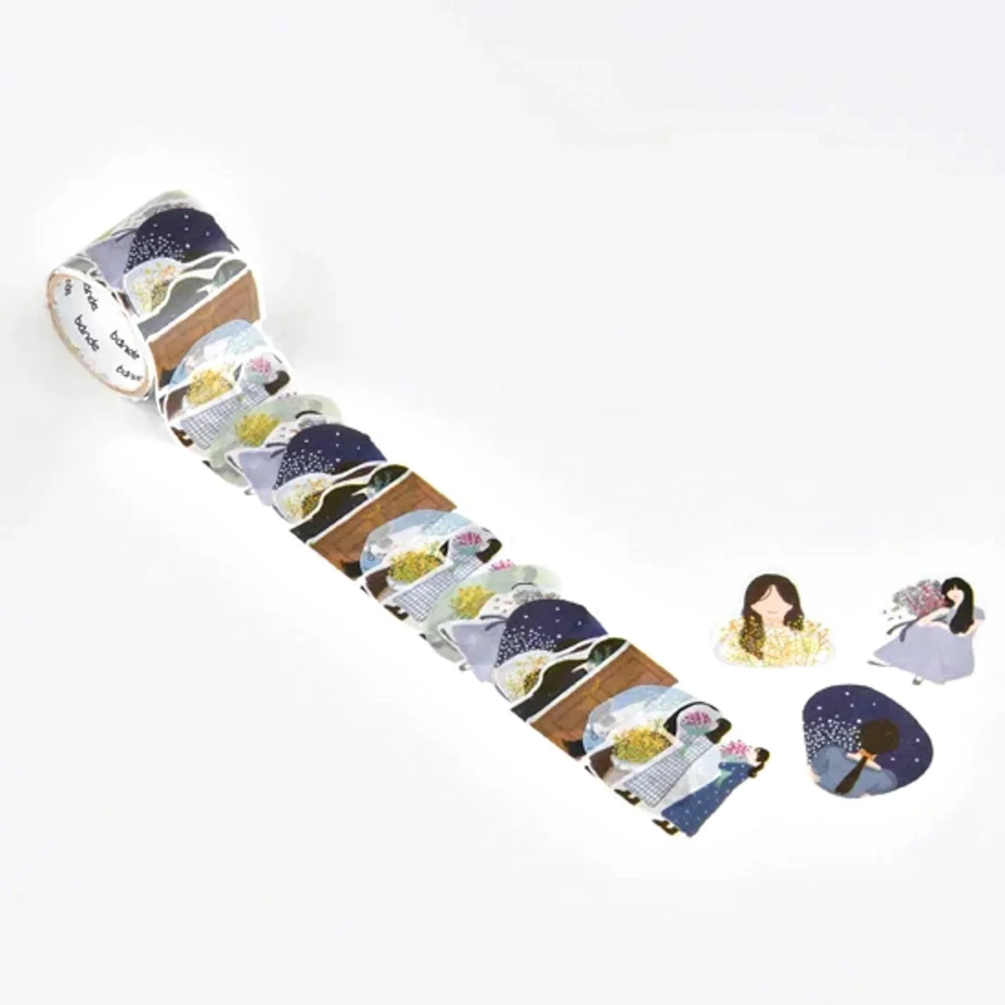 Bouquet and Girl Bande washi tape sticker roll diagonal view with floral and figure sticker design patterns