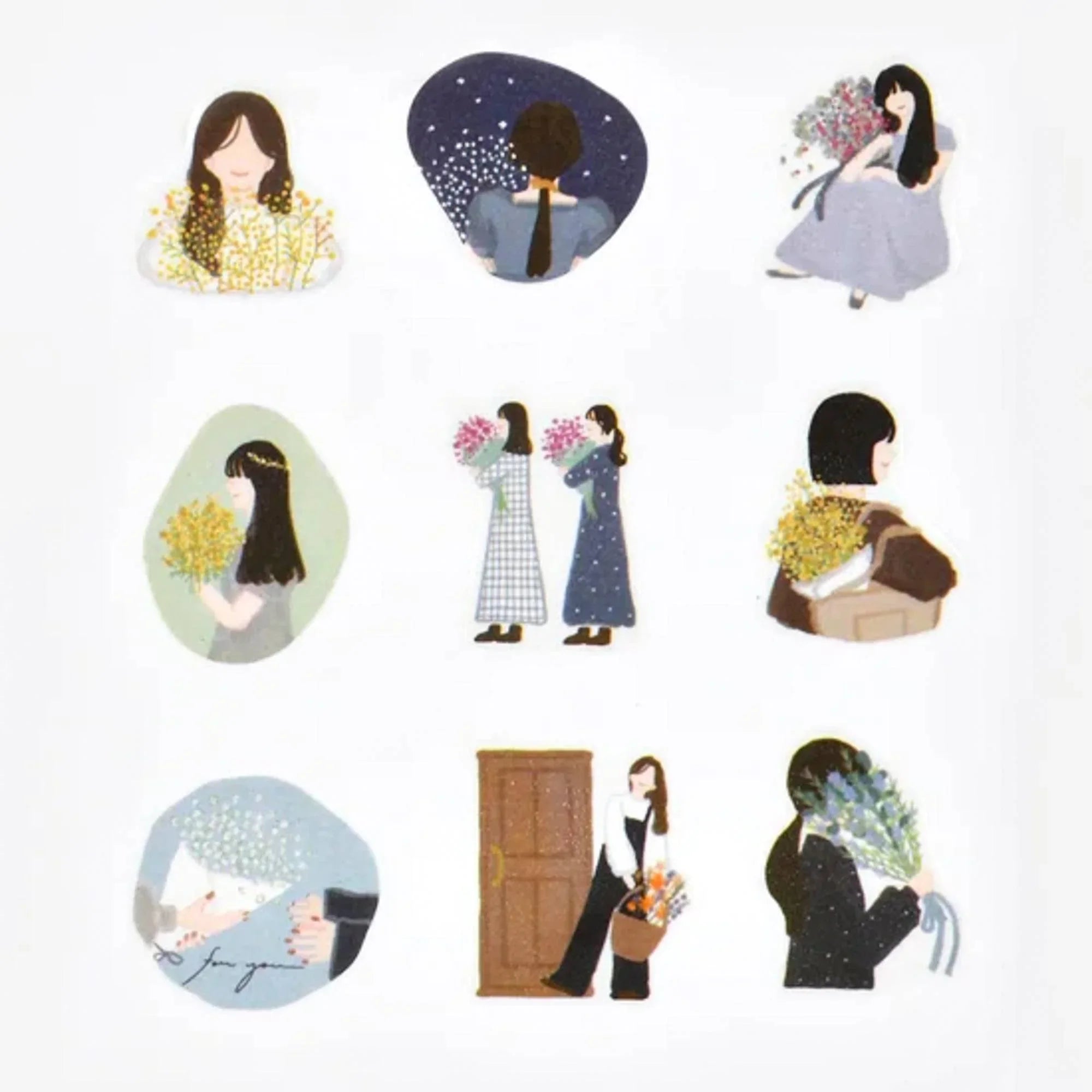 Bouquet and Girl Bande Japanese washi tape stickers overhead flat lay of pre-cut adhesive sticker designs