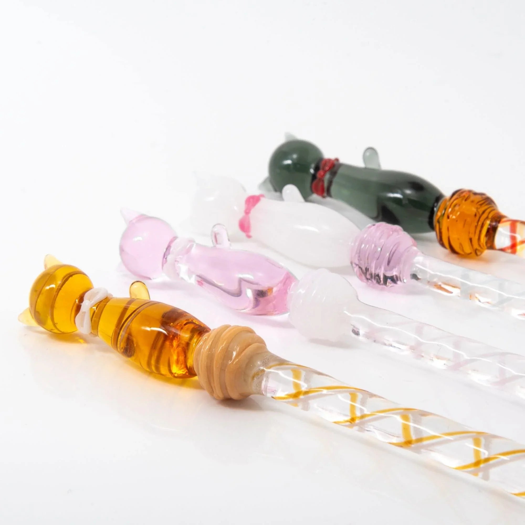 Brown Tabby cat glass dip pen featuring amber glass with dark brown tabby markings full view with handle detail and