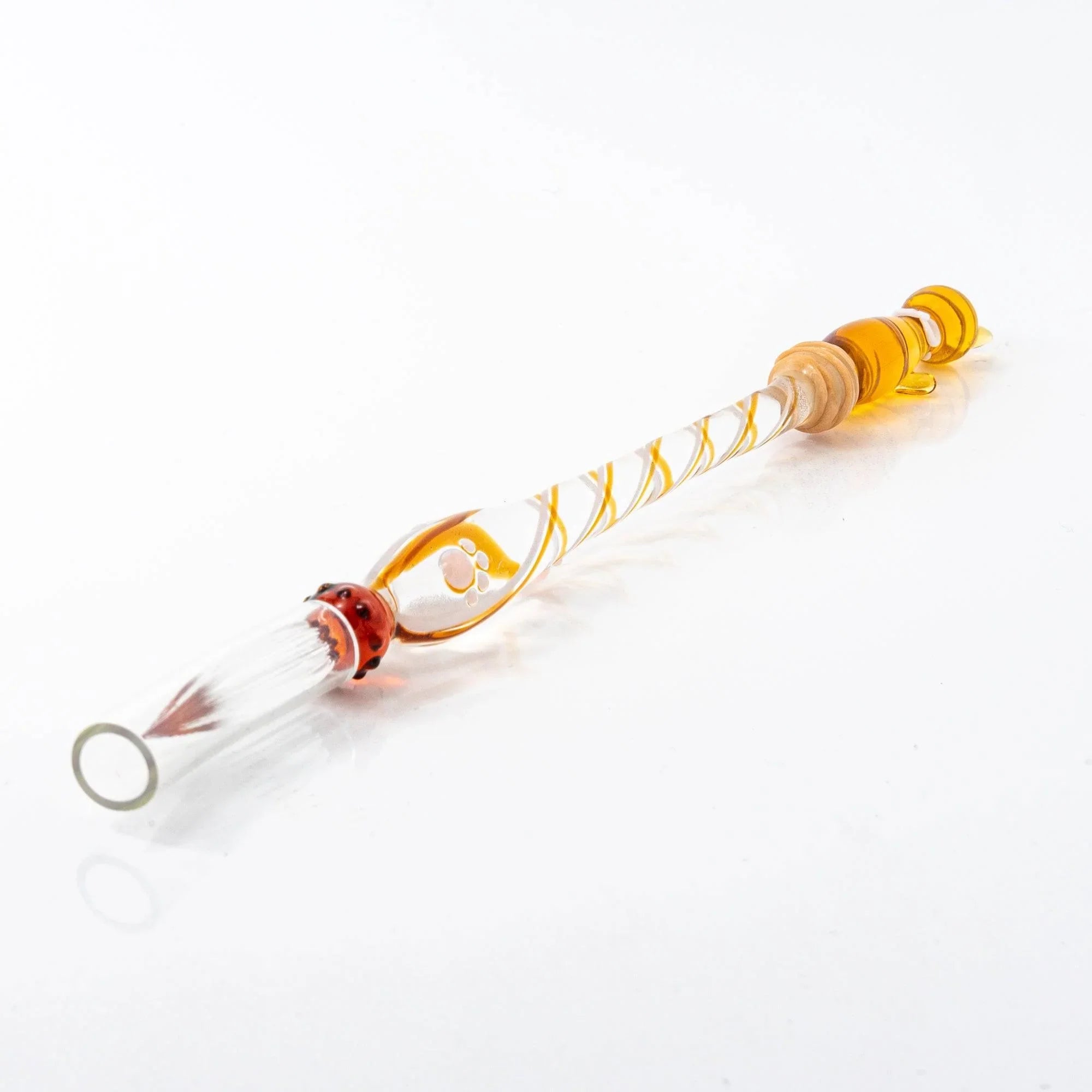 Brown Tabby Nyanko Japanese glass dip pen full length showing orange striped glass and cat figure with handle detail and