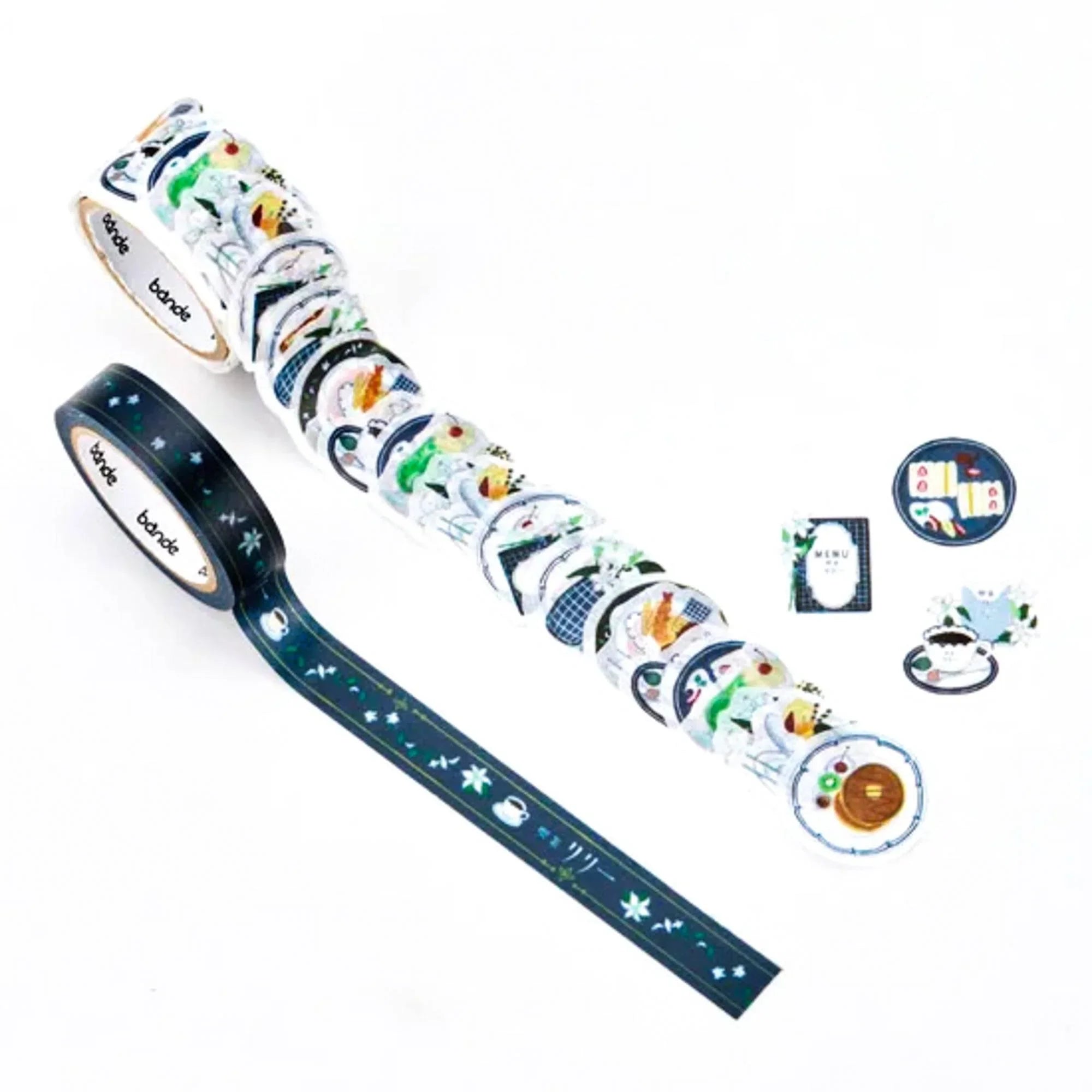 Bande Cafe Lily Washi Sticker Roll and Tape Set - Bande washi tape sticker roll with pre-cut stickers