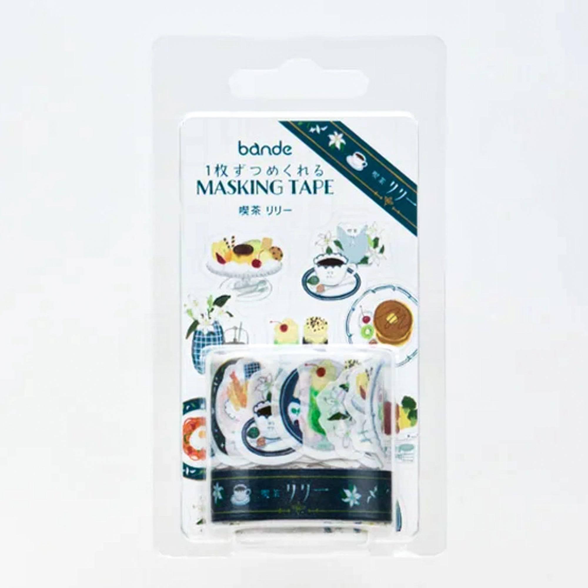 Packaging of bande masking tape showcasing cafe-inspired designs, with images of dishes and beverages, and Japanese text on the label.