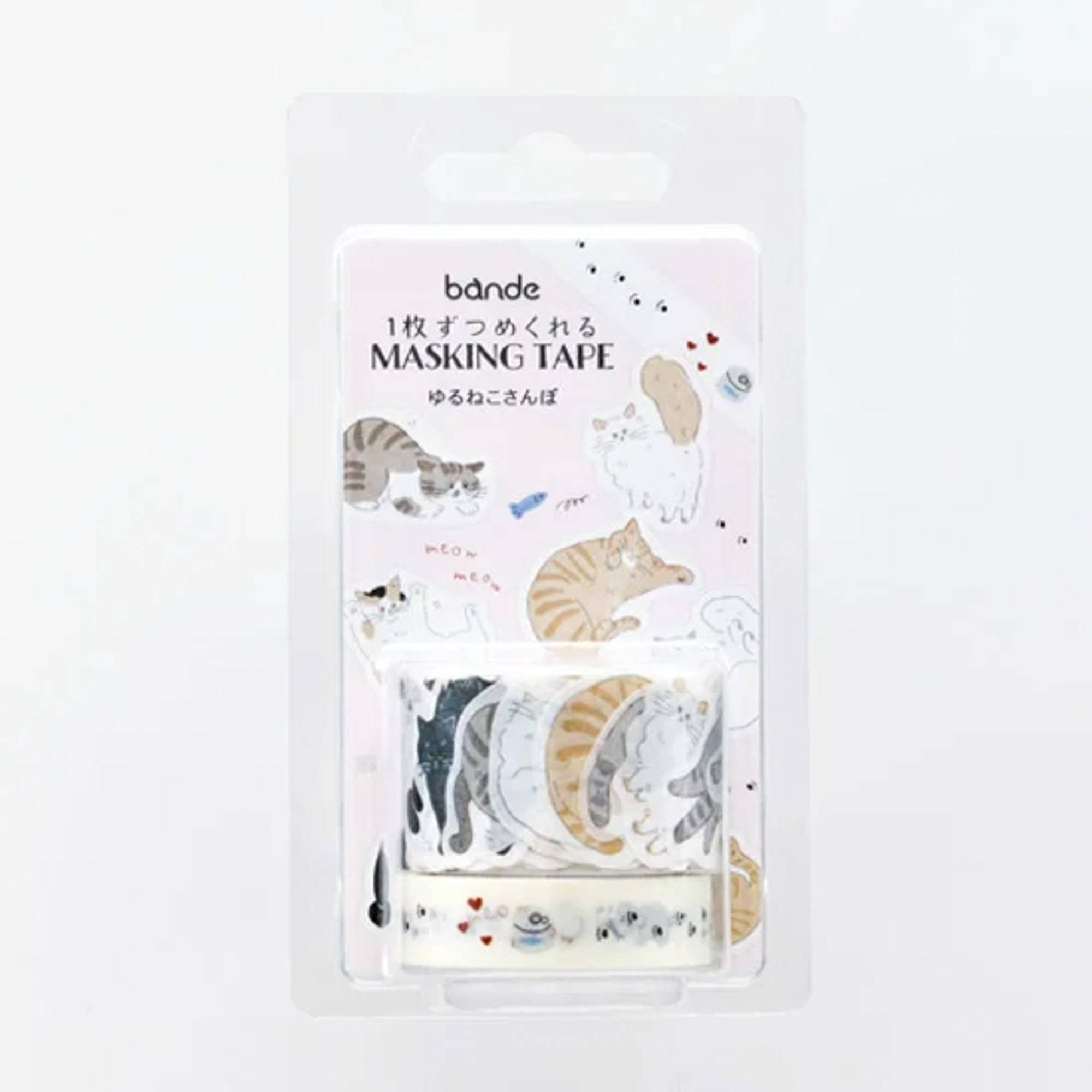 Packaging of bande masking tape with cat-themed designs and Japanese text, showcasing cute feline illustrations.