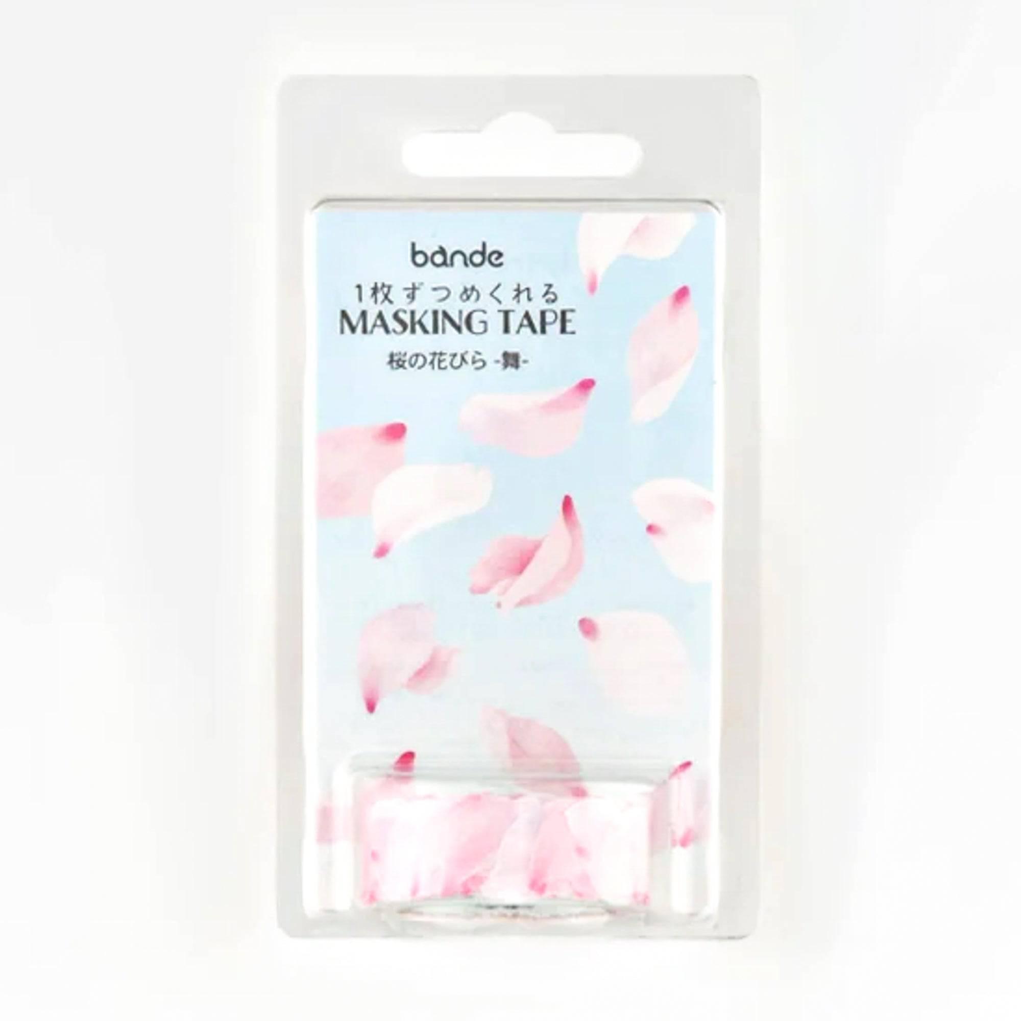 The packaging of bande "Dancing Sakura Petals" washi tape stickers, labeled in English and Japanese, with an elegant floral design on a light blue background.
