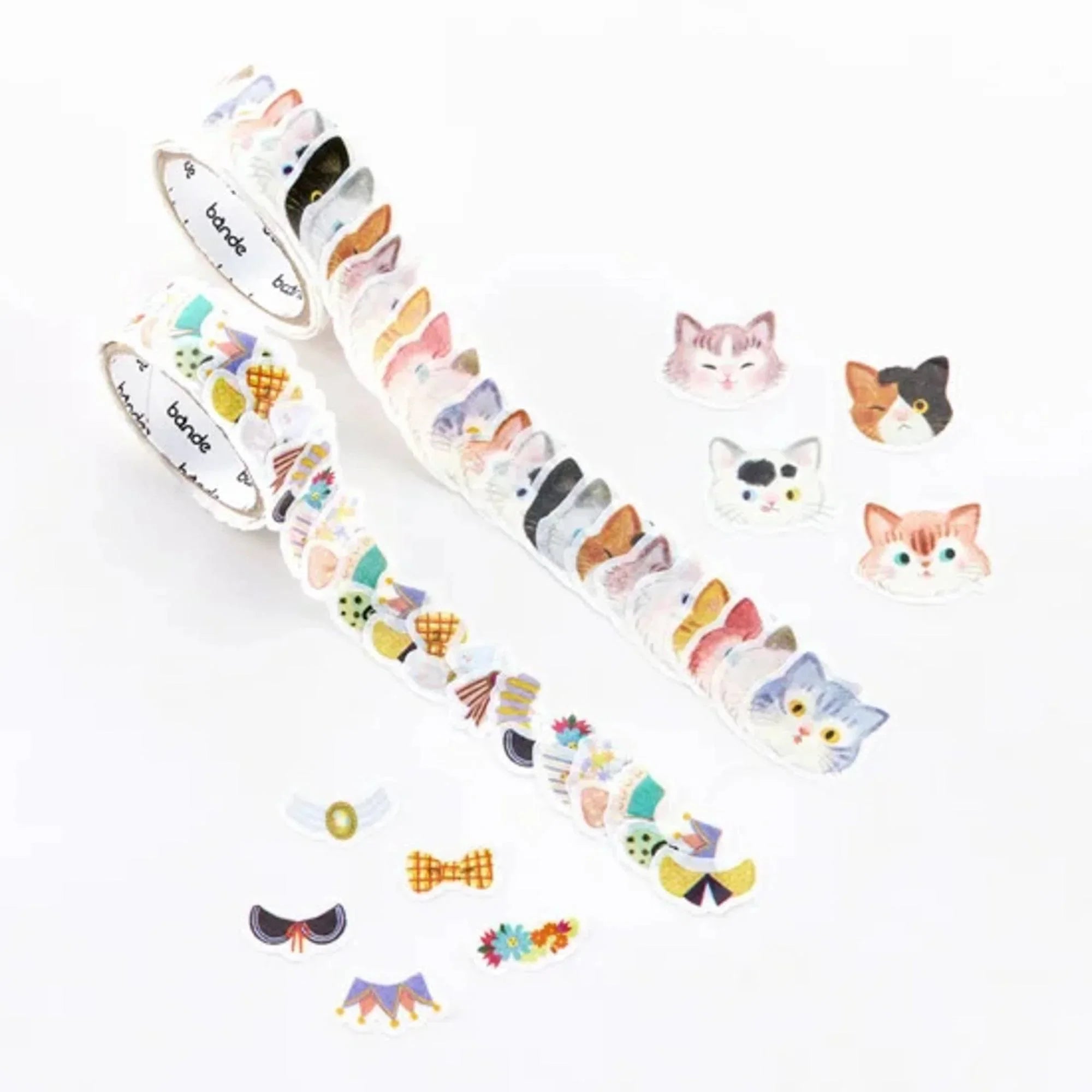 Bande Dress-Up Cat Washi Sticker Roll Set - Bande washi tape sticker roll with pre-cut stickers arranged to show complete