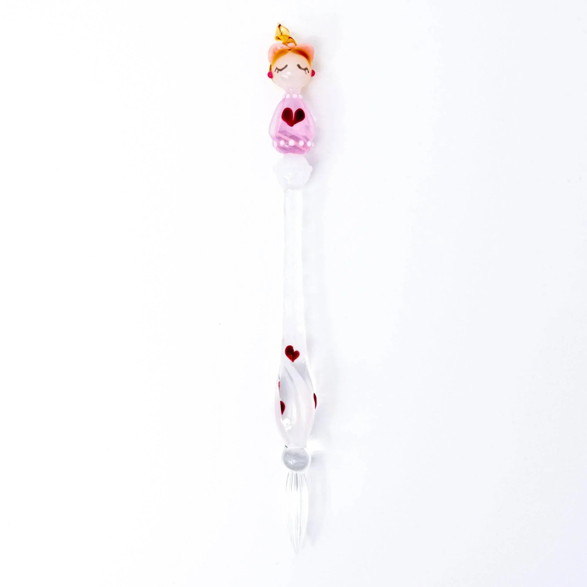 Lovery-Chan heart pattern glass dip pen featuring pink frosted glass barrel and red heart motif on handle