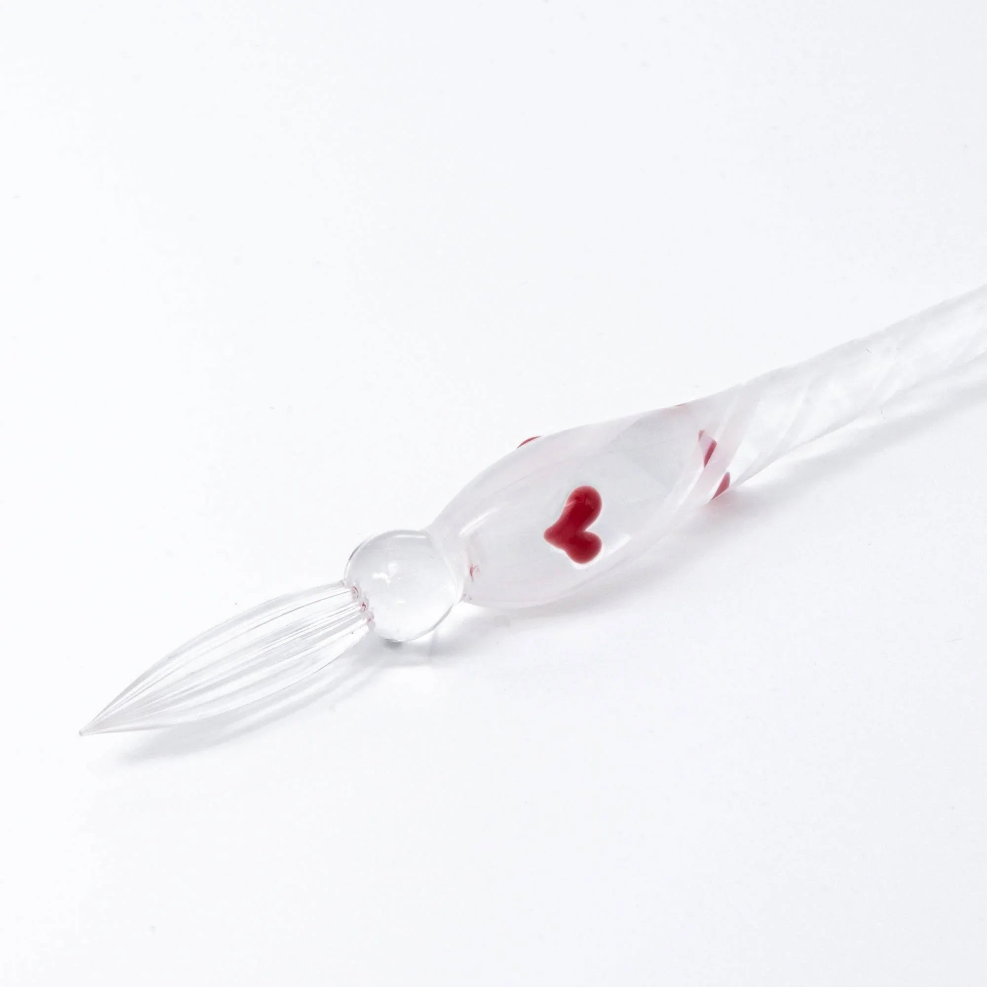 Fashionable Lady Lovery-Chan glass dip pen full view with pink frosted glass and red hearts throughout