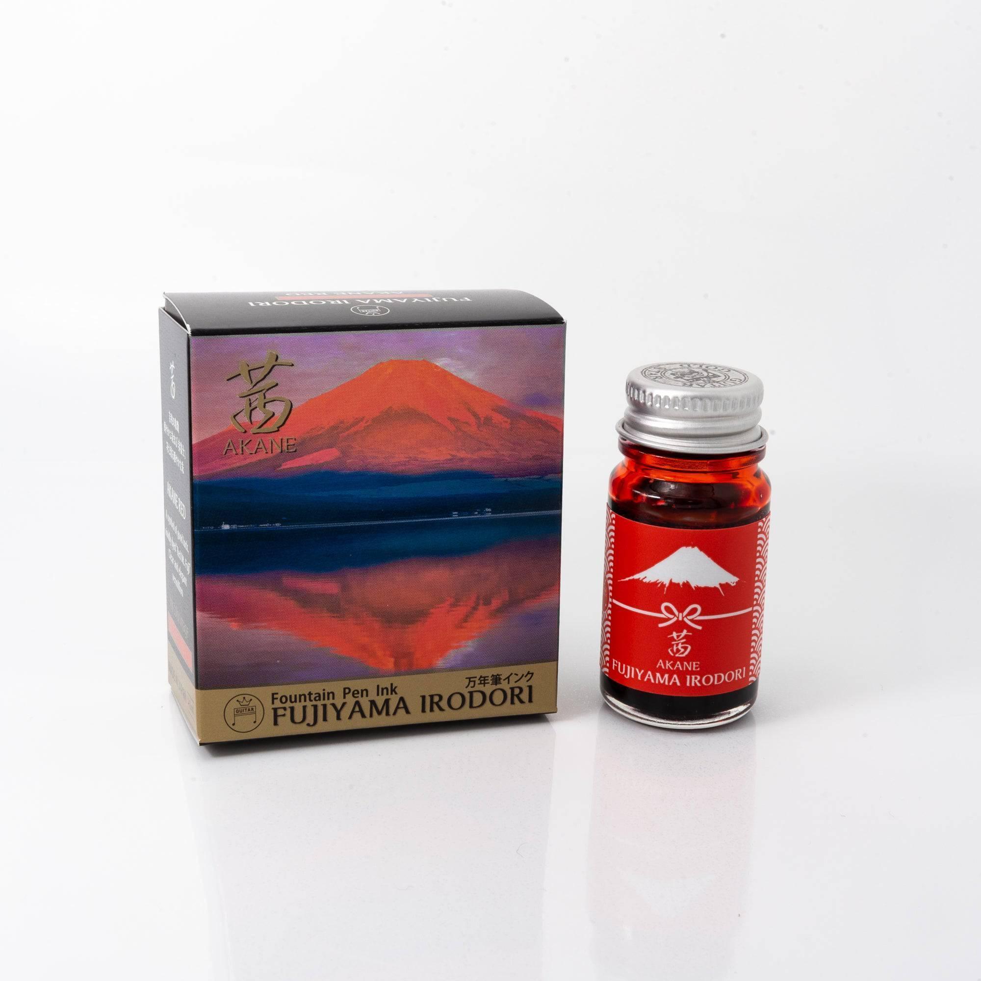 FUJIYAMA IRODORI AKANE fountain pen ink bottle with red tone color, displayed alongside mountain-themed packaging design