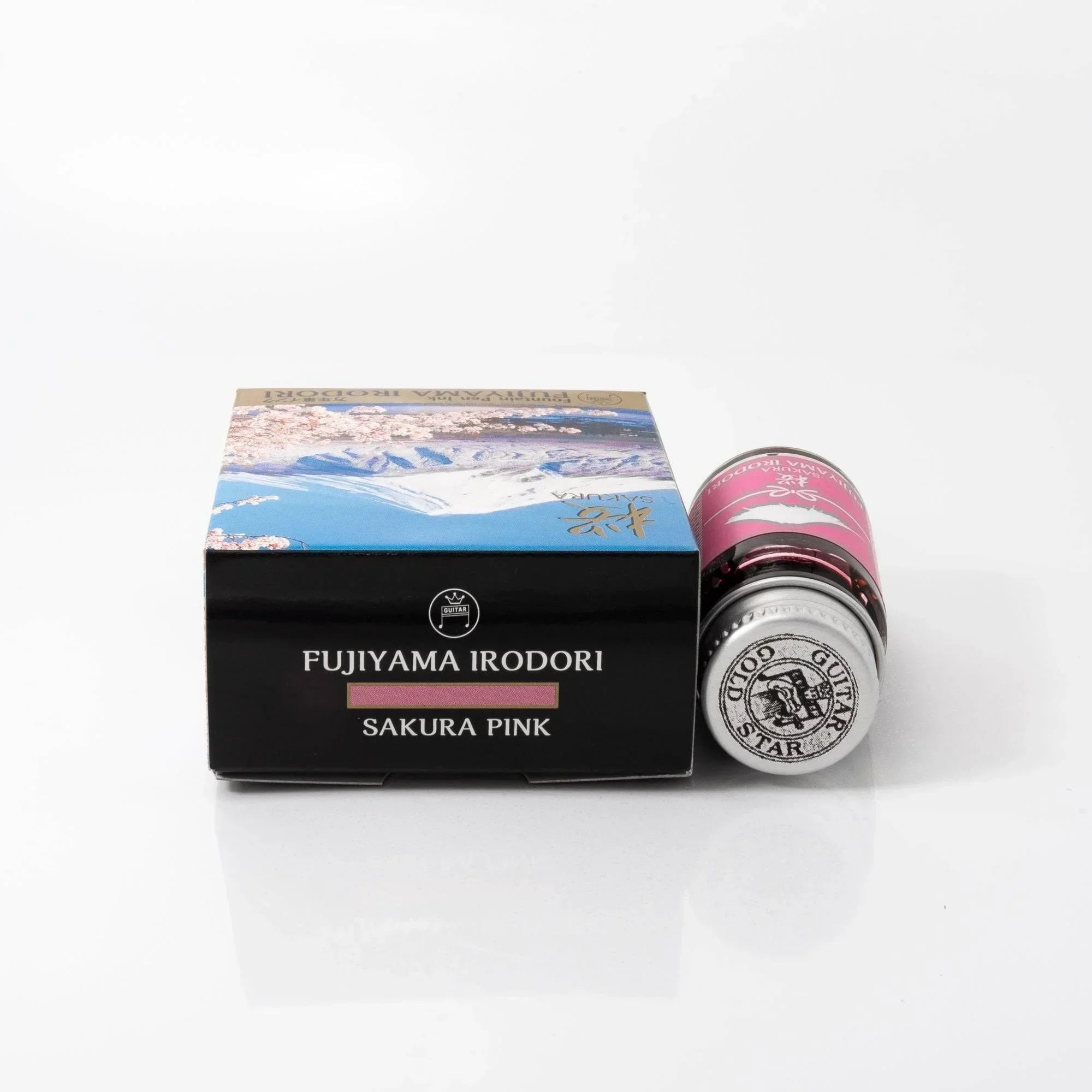 FUJIYAMA IRODORI SAKURA ink bottle in lifestyle presentation with traditional Japanese mountain imagery and packaging
