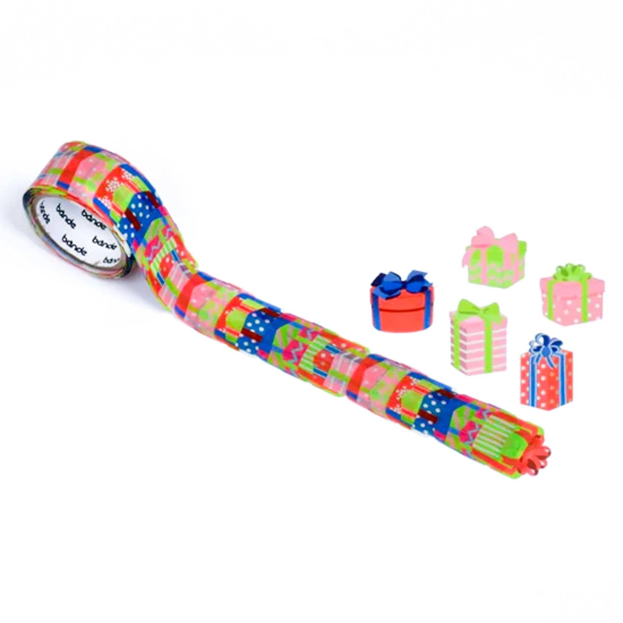 Gift II Washi Tape Sticker Roll by Bande, featuring elegant present designs, beautifully displayed on a wooden surface.