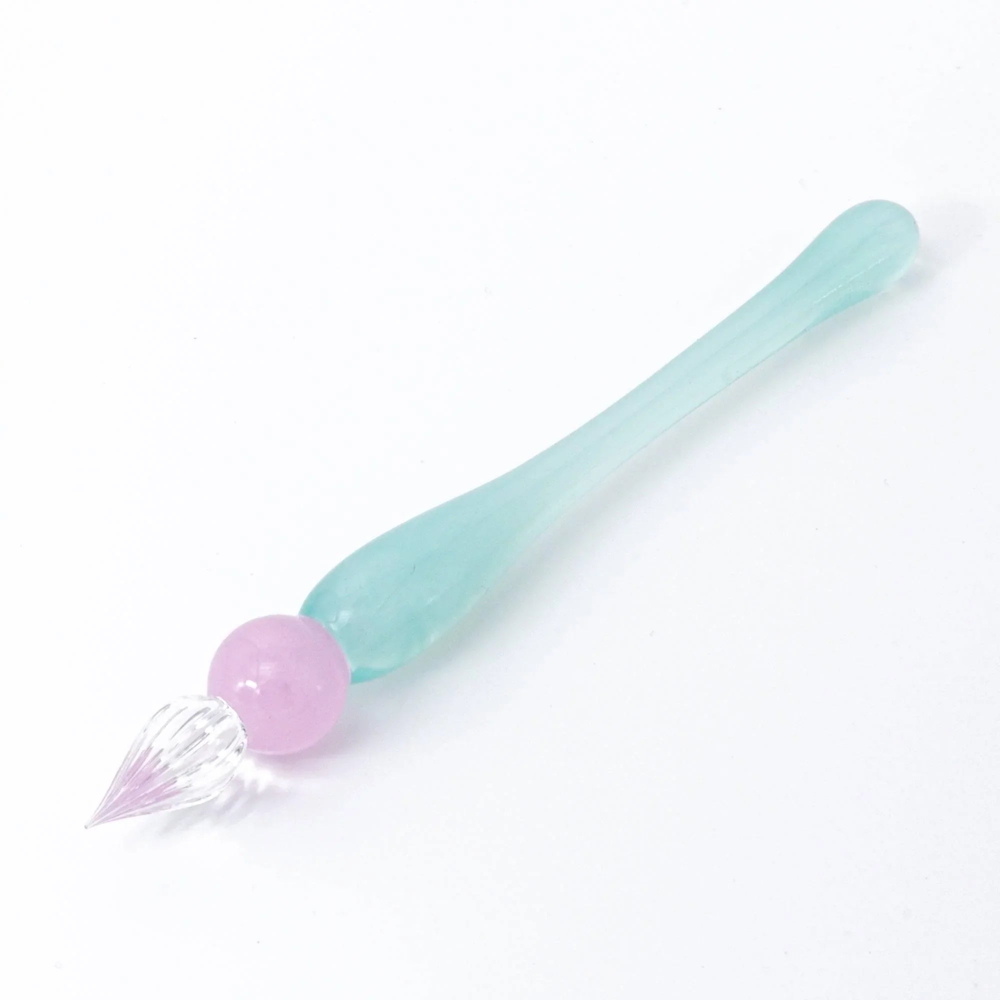 Glamorous Short Kikirara glass dip pen with mint green handle, clear glass nib, and decorative pink bead detail