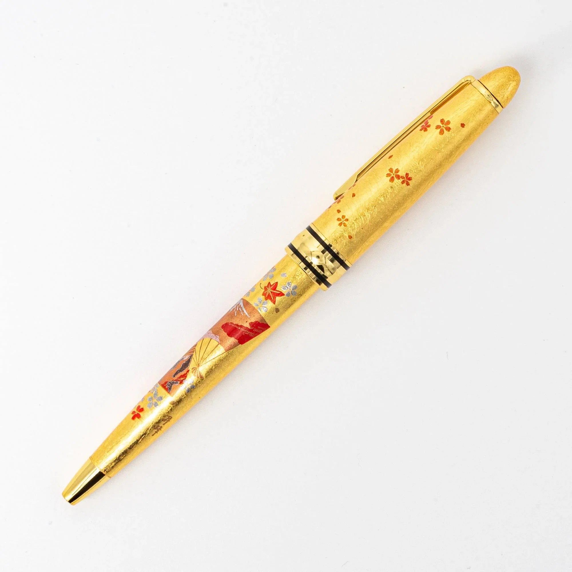 Capped Gold Leaf Makie Japanese Fan ballpoint pen with traditional sensu folding fan in gold leaf on black