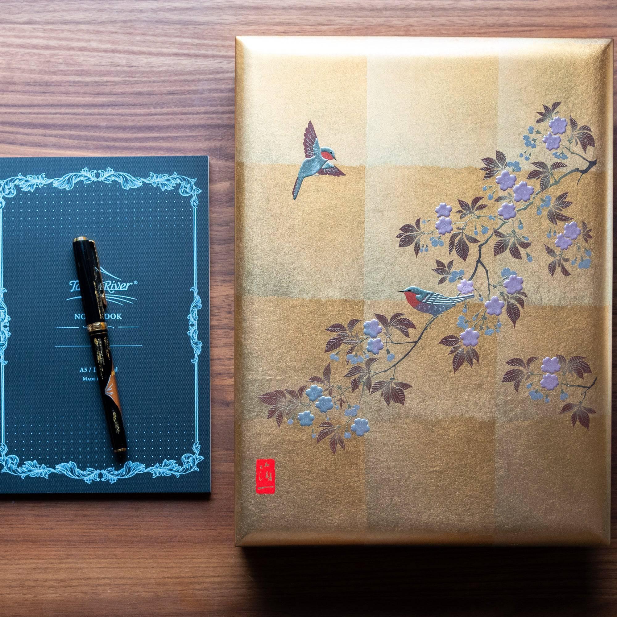 Gold Leaf Sakura and Bird Stationery Box closed showing washi paper with bird motifs Japanese design
