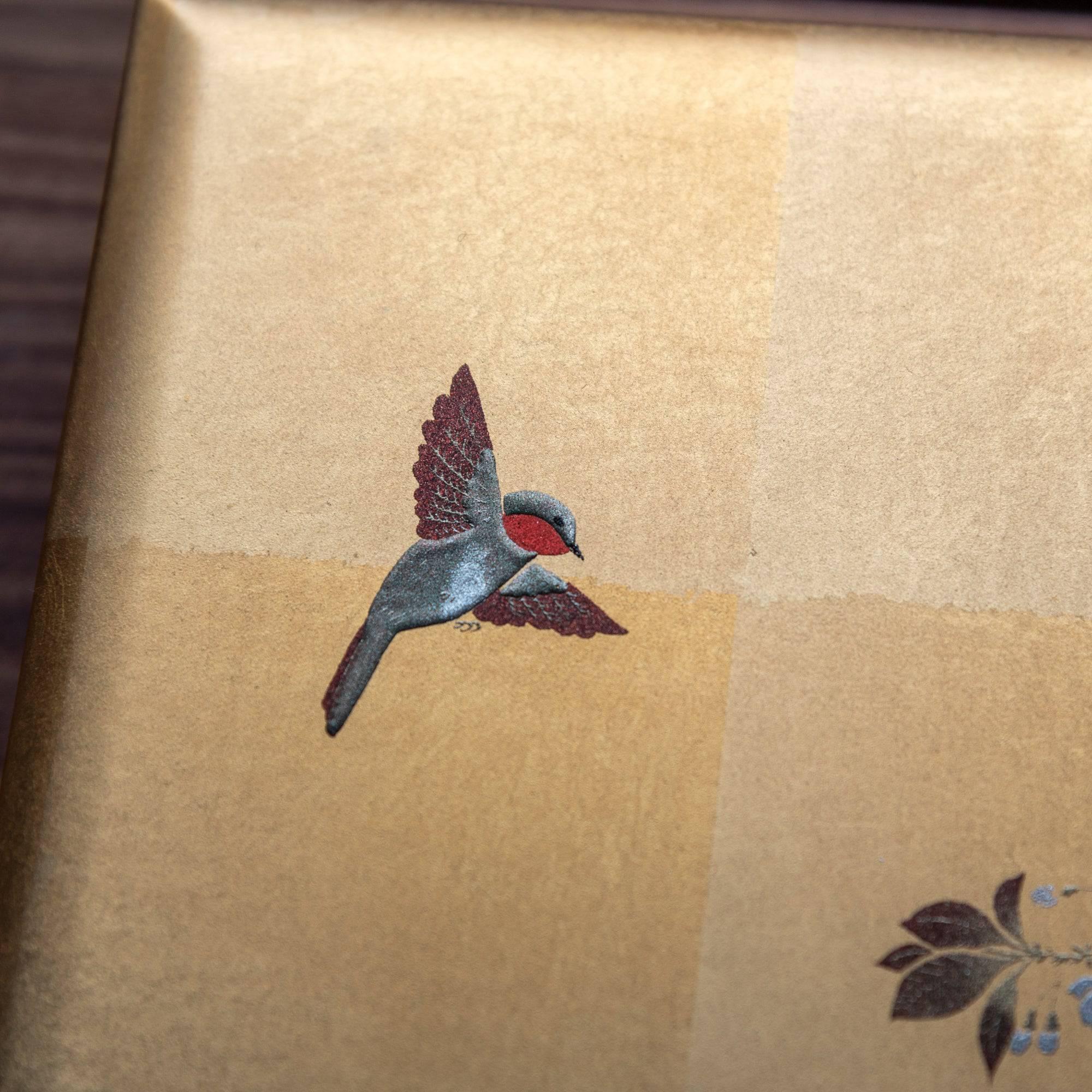 Gold Leaf Sakura and Bird Stationery Box open showing red felt compartment with decorative bird design