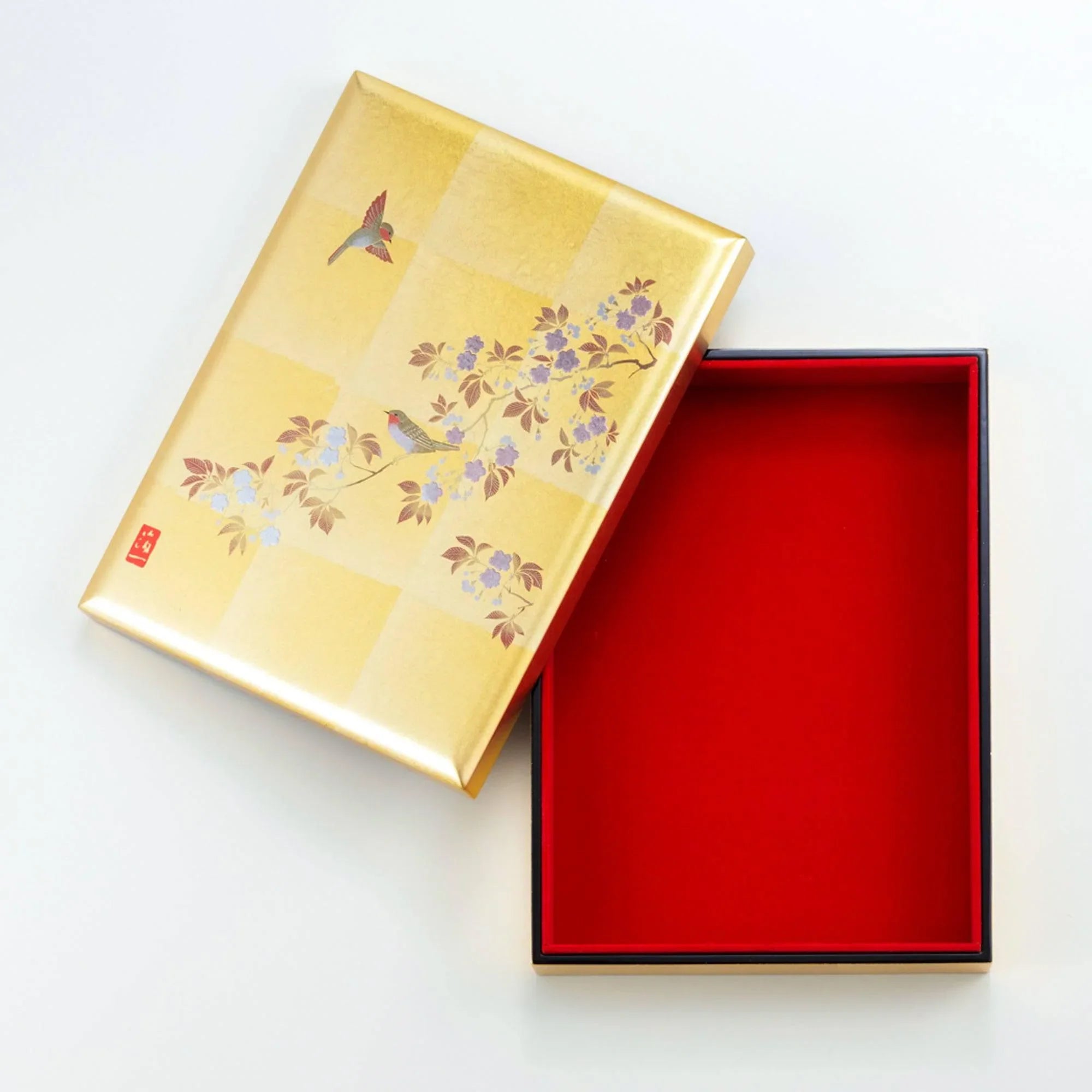 Gold Leaf Sakura and Bird Stationery Box closed with hand-painted bird and flower gold motif design with clear visibility of