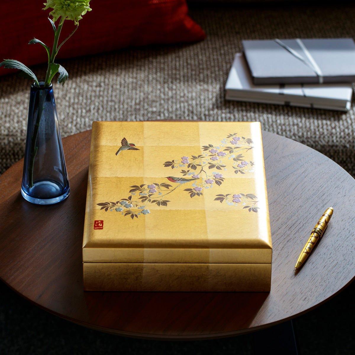 Gold Leaf Sakura and Bird Stationery Box interior detail showing red felt lining and organization with clear visibility of