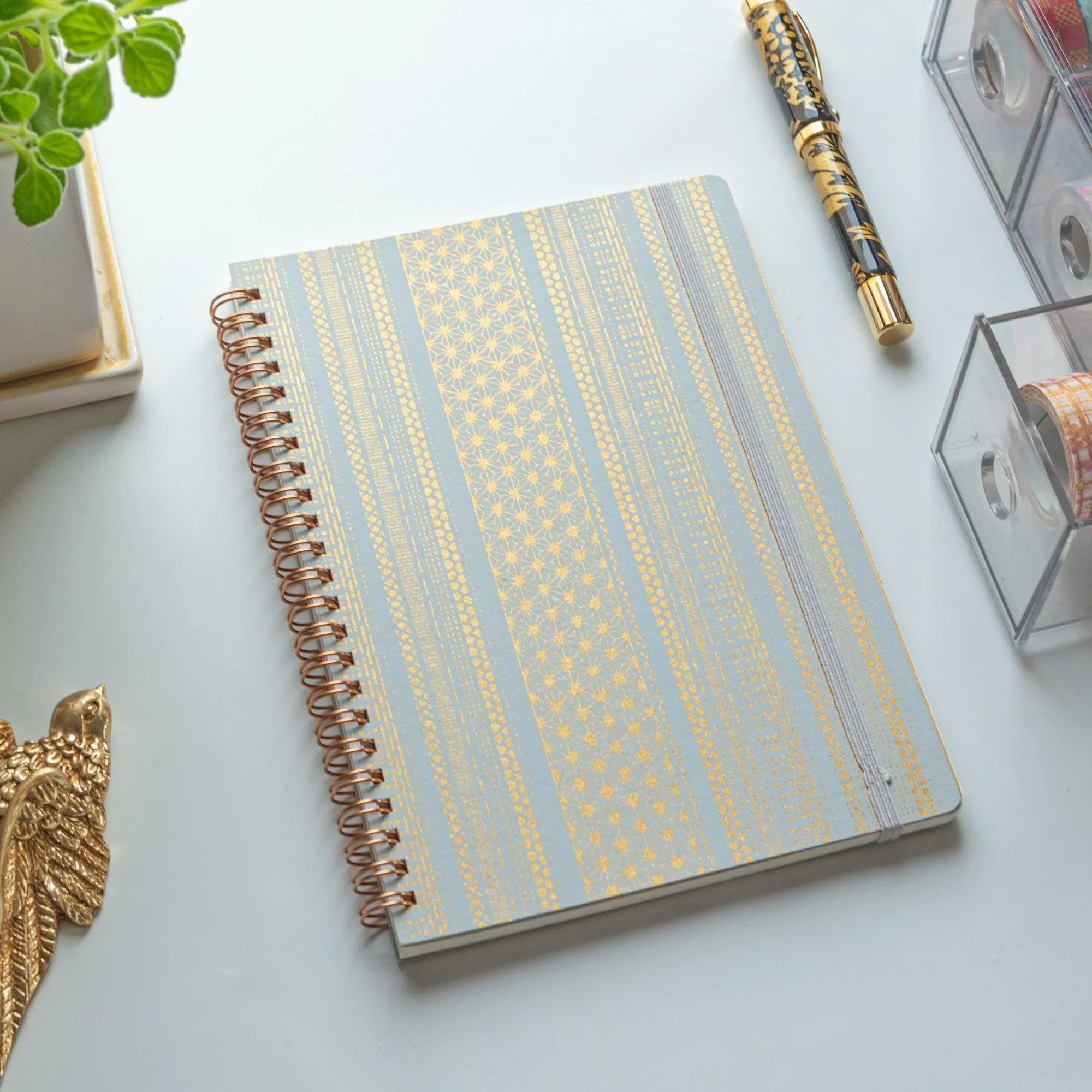 A5 spiral notebook with golden Japanese pattern featuring traditional motifs and design featuring traditional Japanese design