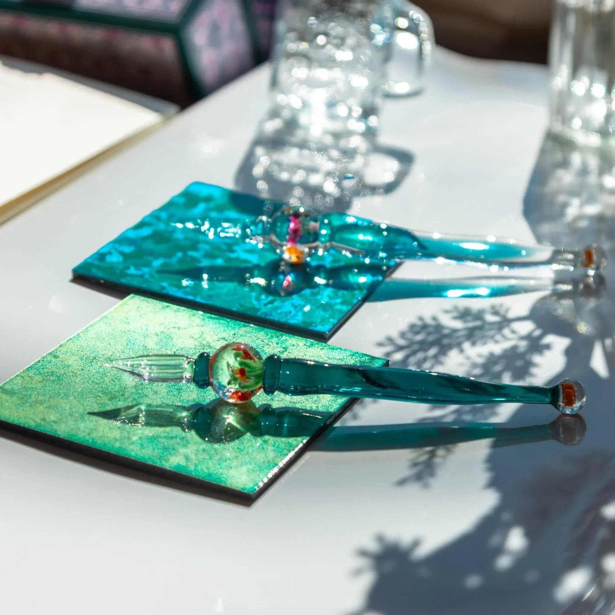 Japanese glass dip pen goldfish aquarium barrel with orange-toned goldfish and underwater plant details