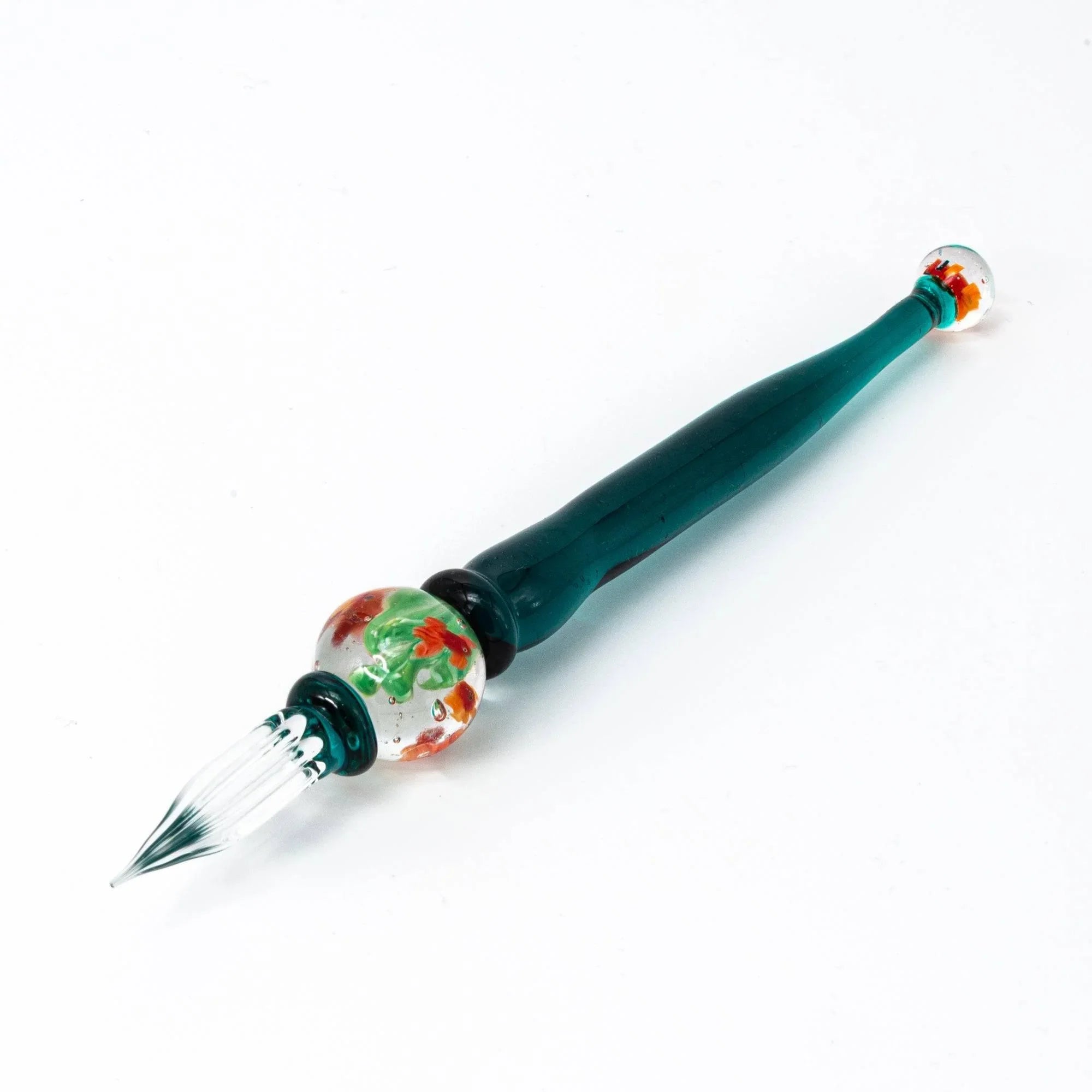 Japanese glass dip pen red-orange goldfish aquarium section with green aquatic plants and teal glass cap