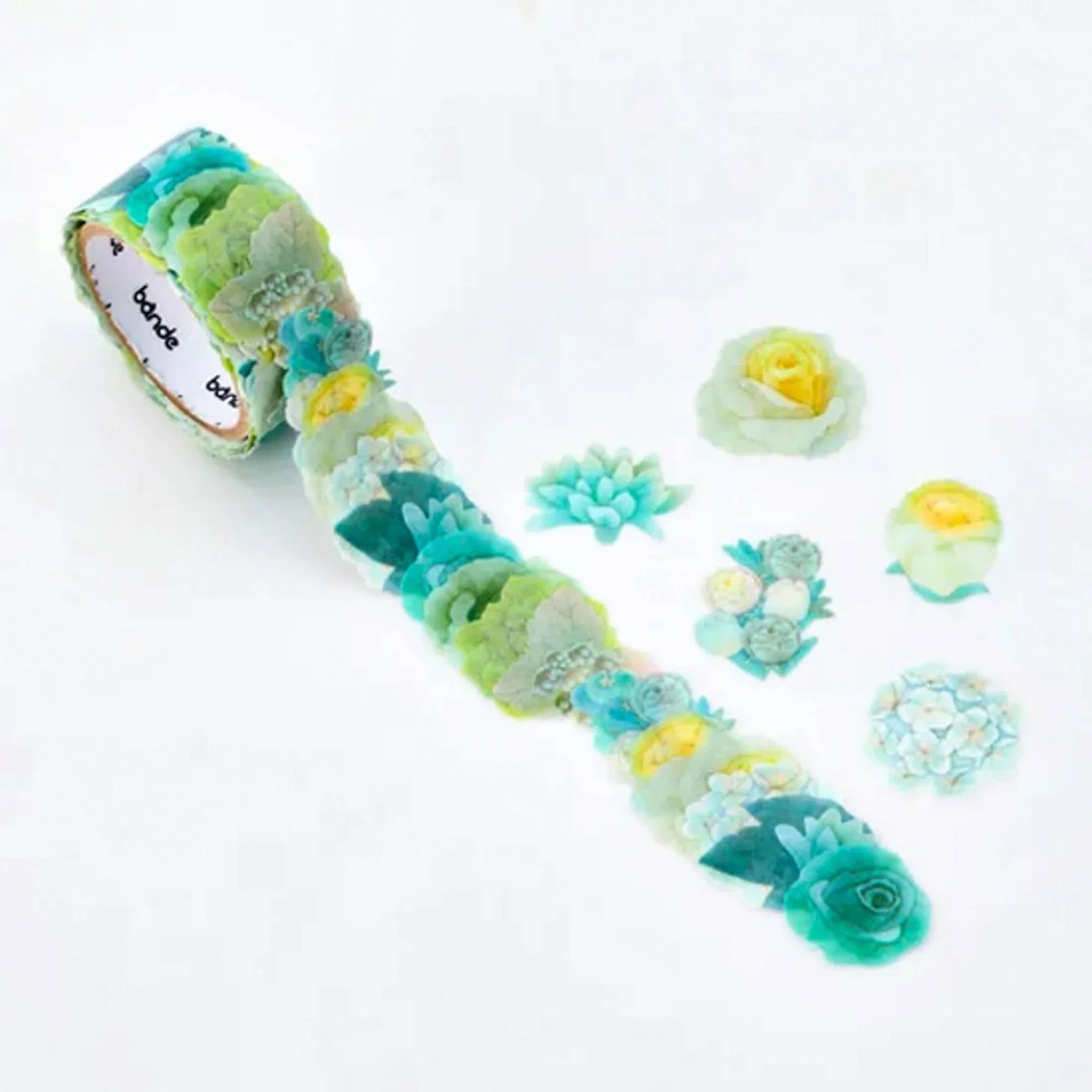 Green Rose Bouquet Bande washi tape sticker roll diagonal view with floral rose-themed sticker patterns