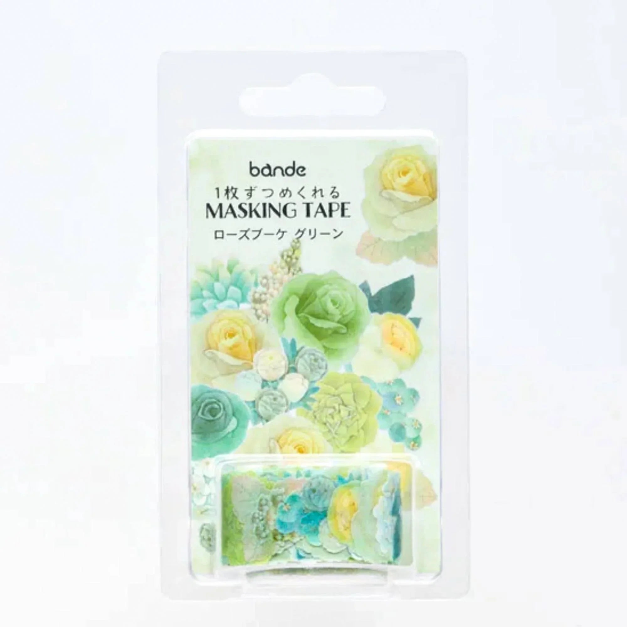 Green Rose Bouquet Bande masking tape design detail with botanical floral pre-cut sticker design patterns