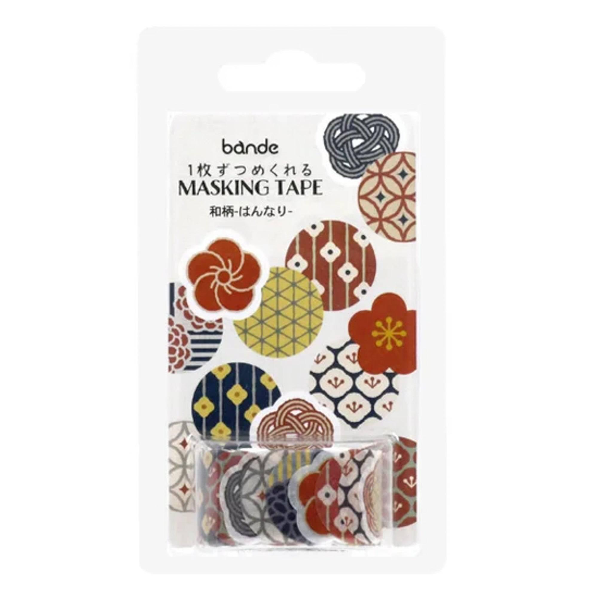 Packaging of bande masking tape with Japanese-pattern stickers, showcasing traditional motifs in a detachable, decorative format.