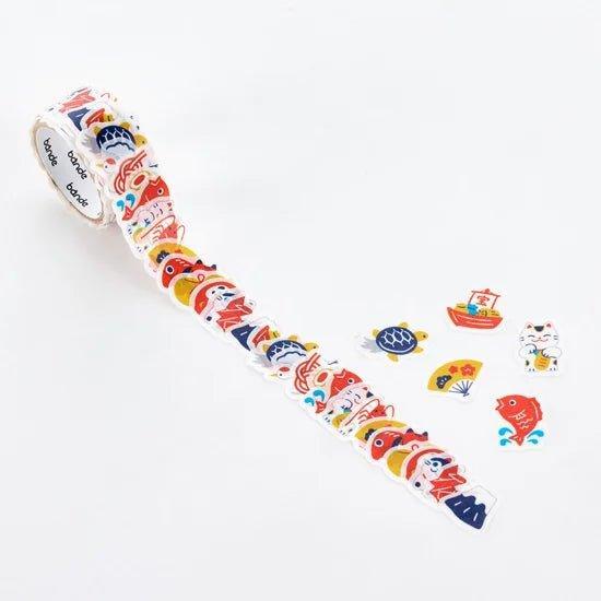 Bande Japanese Auspicious Pattern washi tape sticker roll with traditional good fortune symbols and pre-cut stickers
