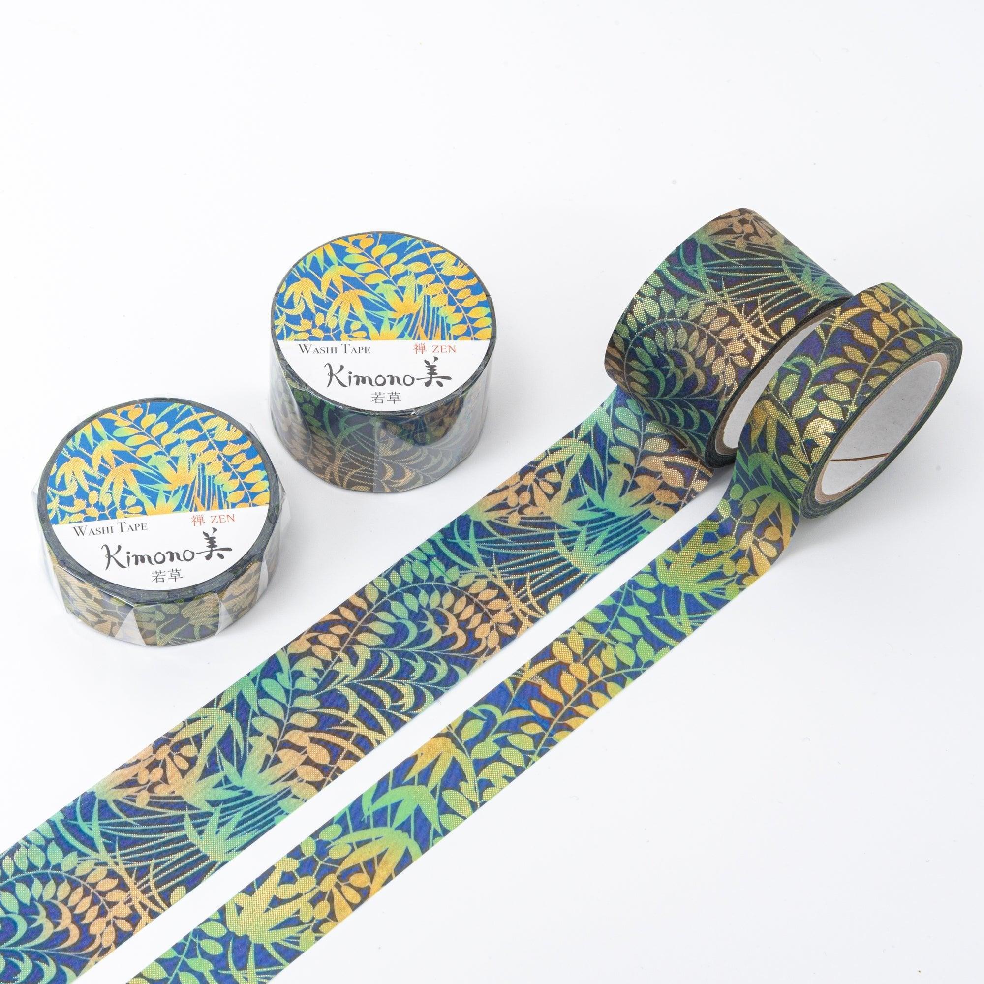 Kimono Beauty Fresh Grass Iyo washi tape roll with traditional Japanese textile design featuring green plant imagery