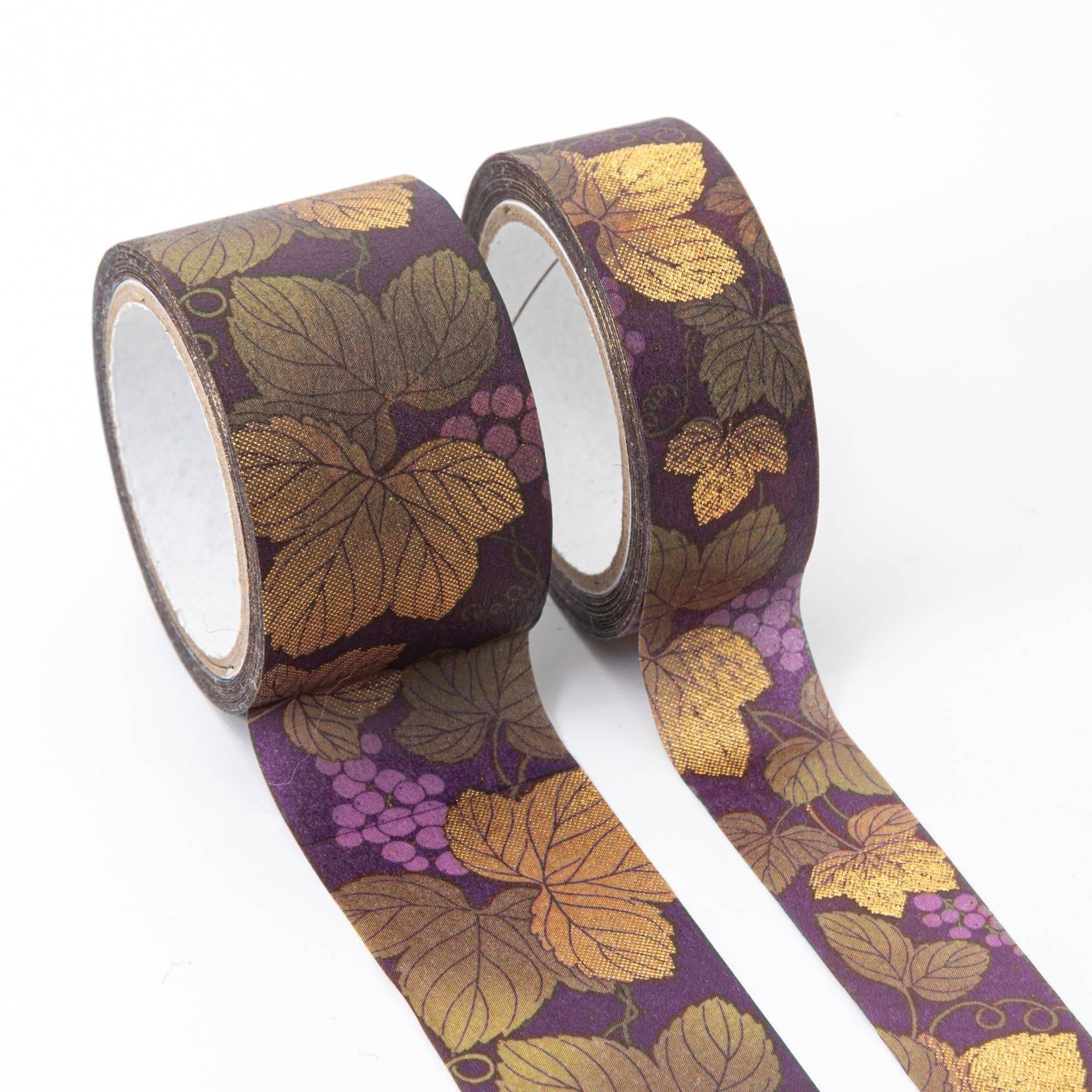 Kimono Beauty Series Iyo Washi Tape featuring elegant grape art, beautifully displayed on a wooden desk with refined aesthetics.