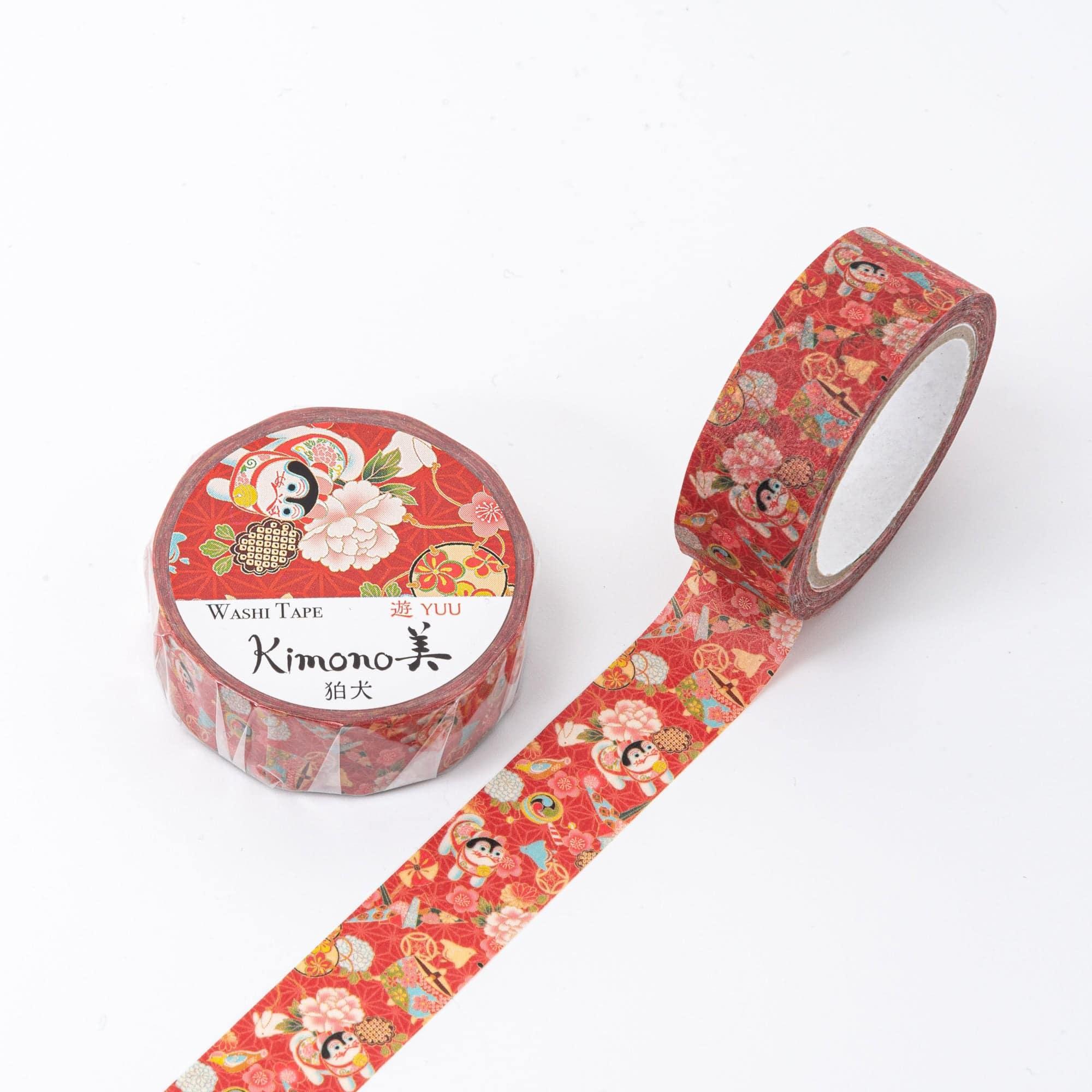 Kimono Beauty Guardian Dog Iyo washi tape roll with ornamental protective guardian dog traditional Japanese motif