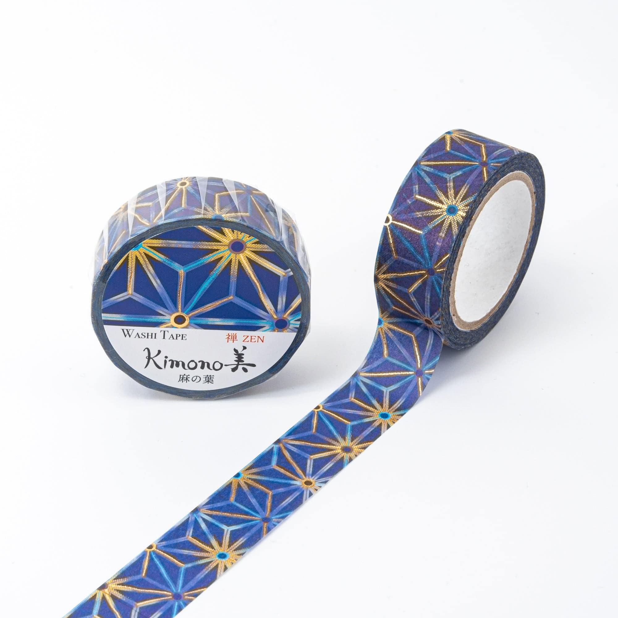 Kimono Beauty Series Iyo Washi Tape featuring hemp leaf motifs, elegantly displayed on a wooden surface with traditional Japanese charm.