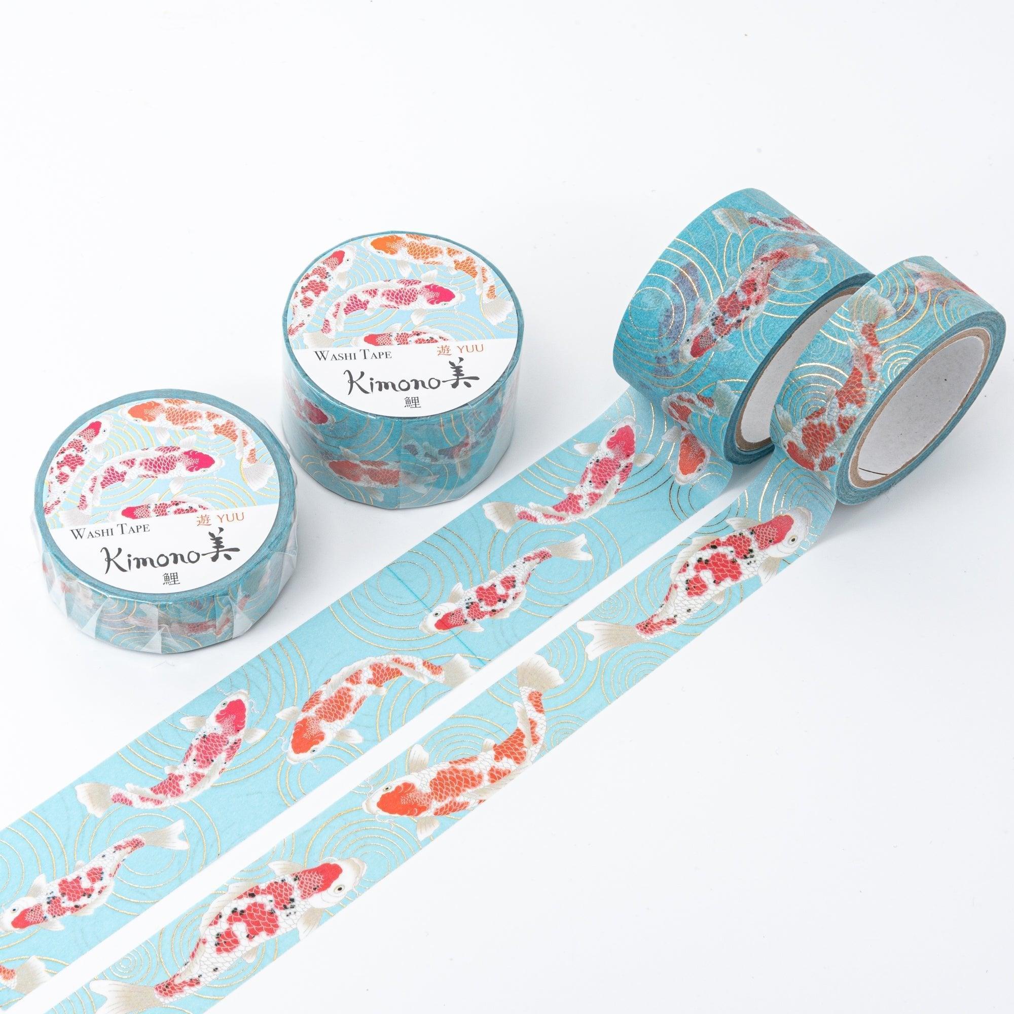 Kimono Beauty Koi Iyo washi tape roll with traditional Japanese textile featuring colorful ornamental koi fish