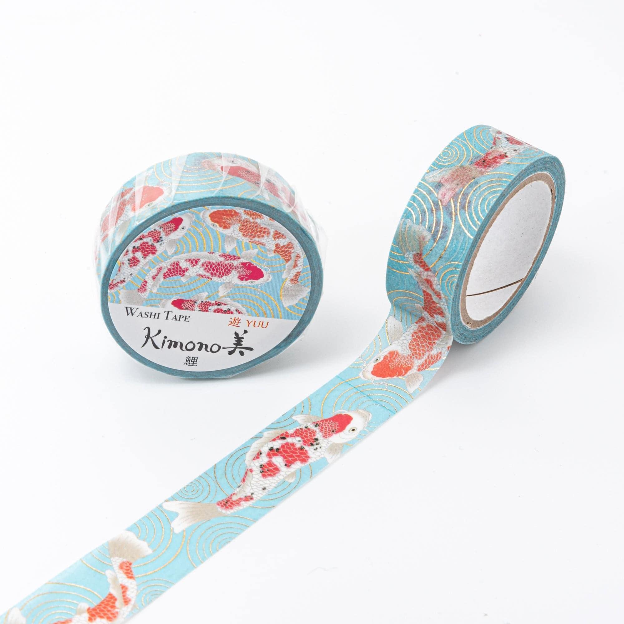 Kimono Beauty Koi Iyo washi tape flat lay view displaying traditional Japanese textile with aquatic imagery