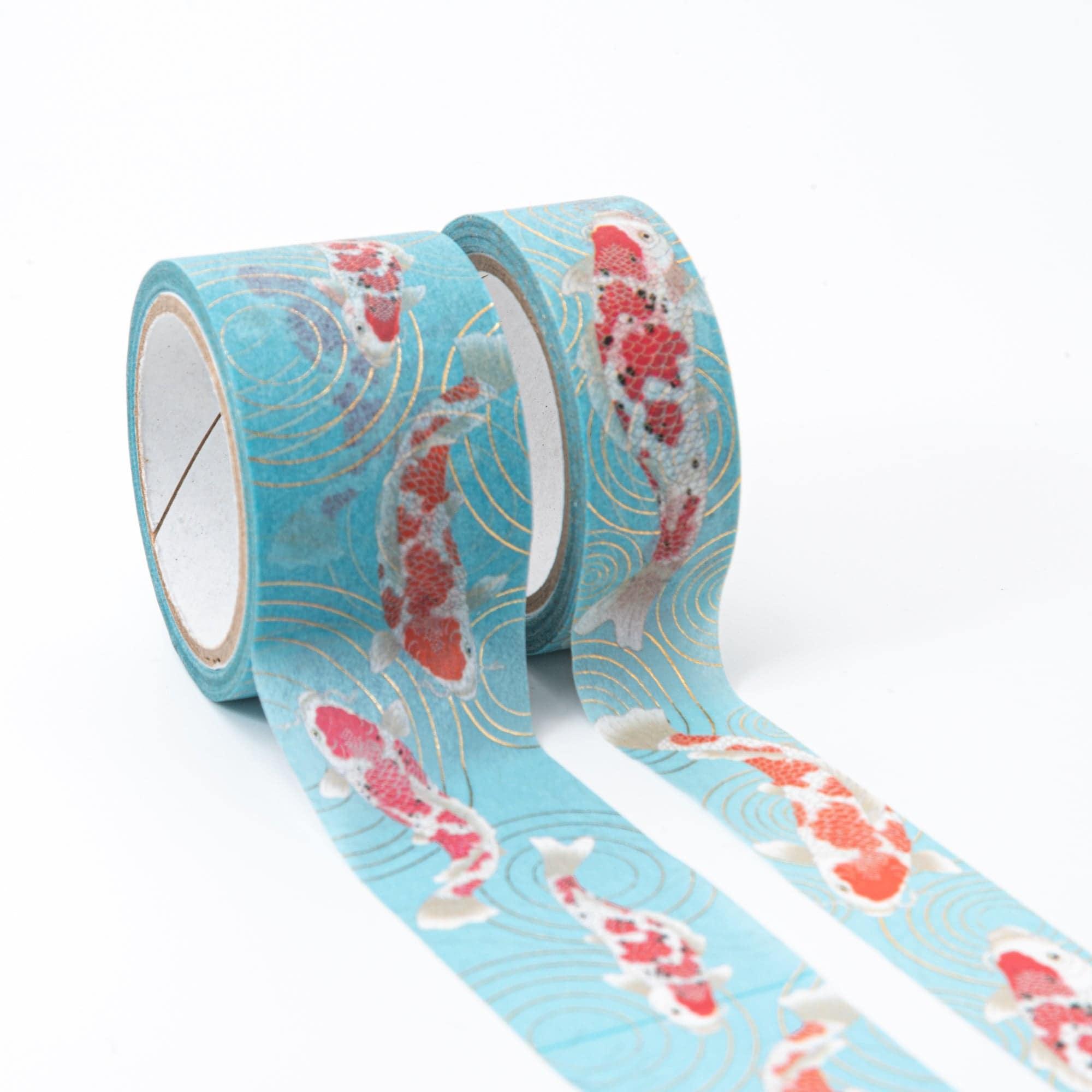 Kimono Beauty Series Iyo Washi Tape featuring intricate koi fish art, displayed elegantly on a wooden desk for decoration.