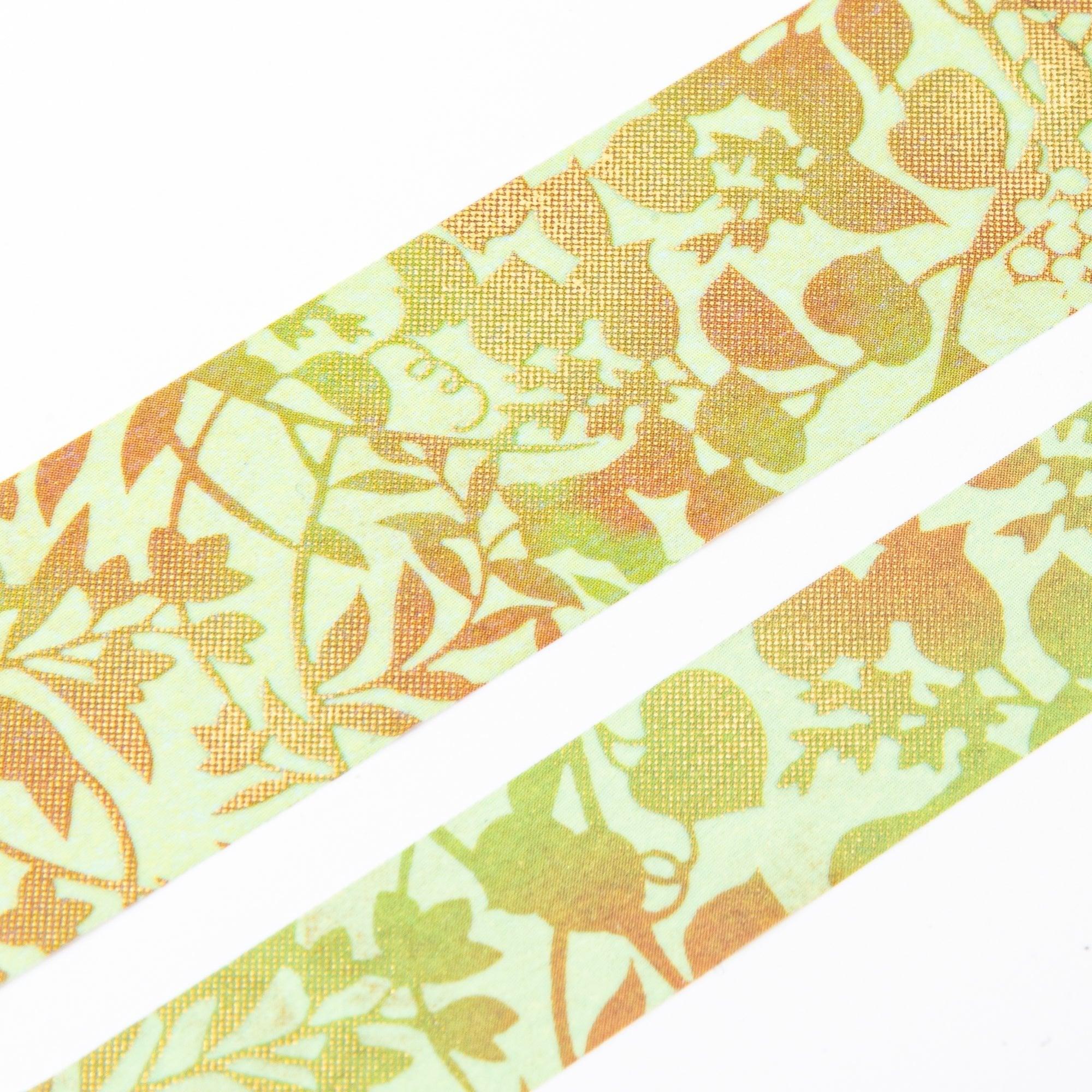 Close-up of Iyo Washi Tape showcasing Komorebi designs, emphasizing intricate details and vibrant patterns on a wooden desk.