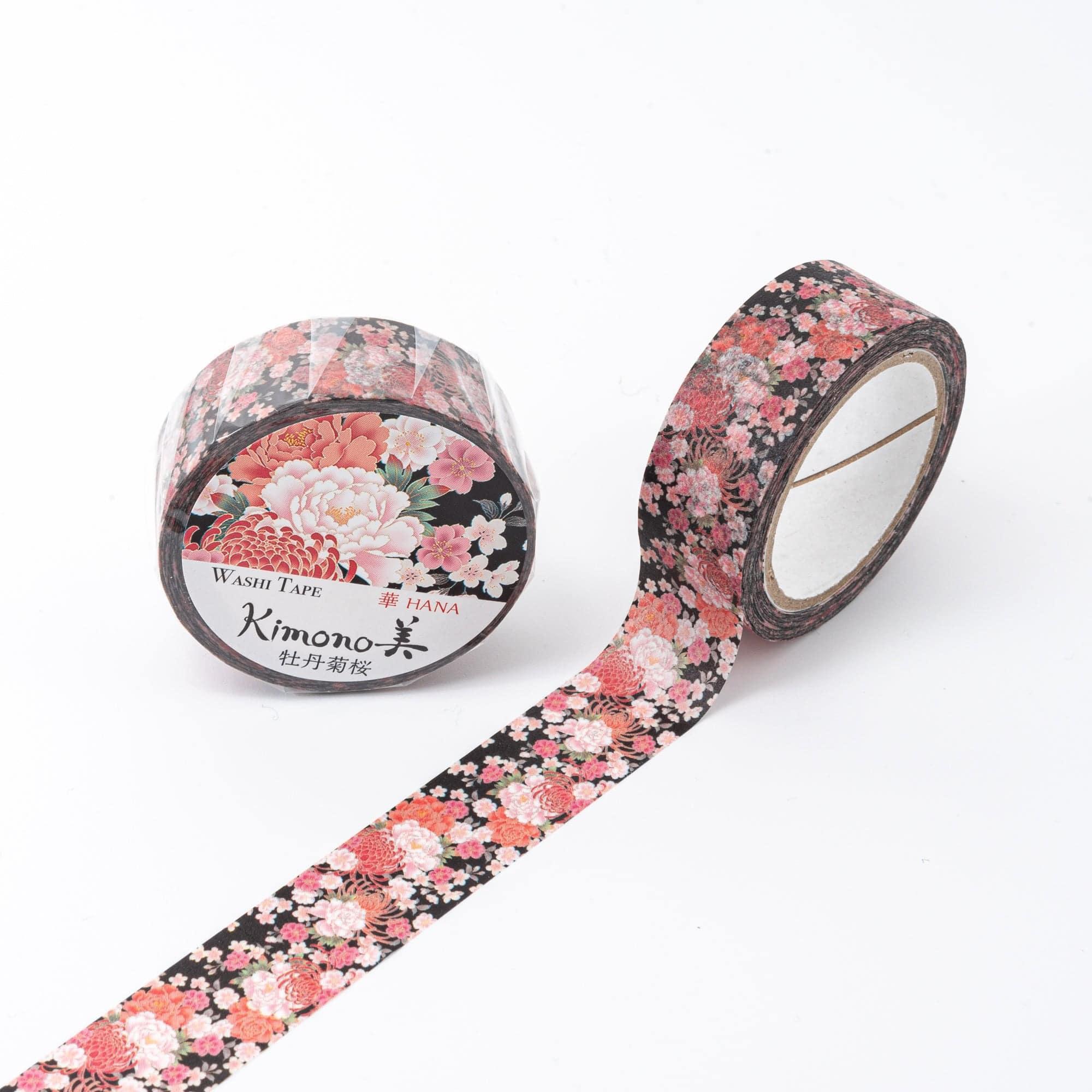 Kimono Beauty Splendid Blossoms Iyo washi tape roll with traditional Japanese textile design on white background