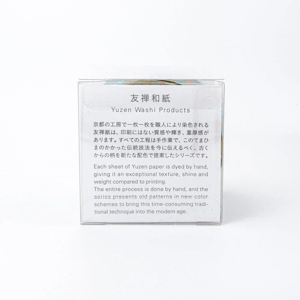 Back of clear acrylic TONE box with white panel showing bilingual Japanese and English text about yuzen washi products