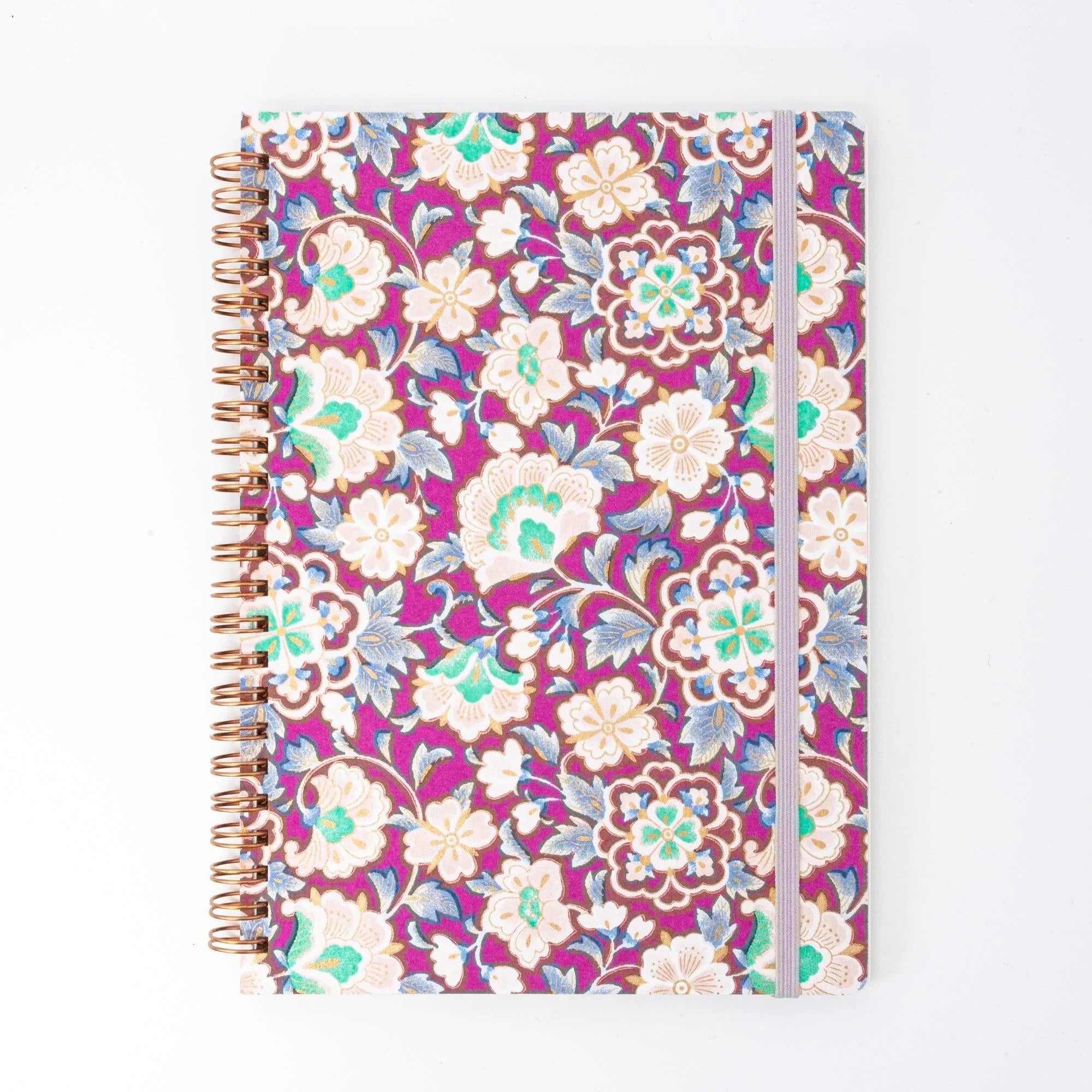 Magenta Garden Japanese ring notebook front cover from above, showing magenta washi with cream flowers and rose gold spiral