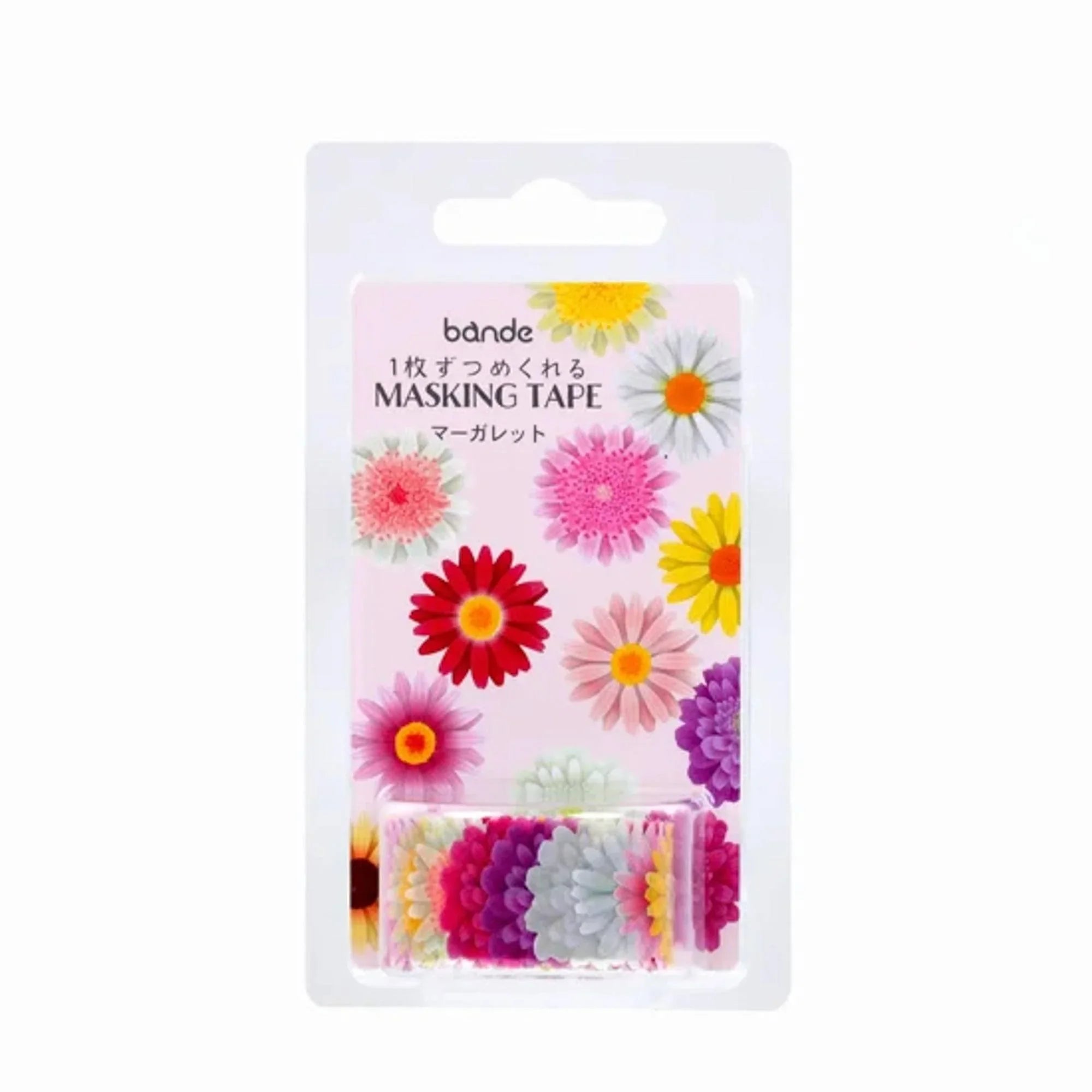 Marguerite Bande masking tape packaging detail showing pre-cut sticker roll with delicate floral designs