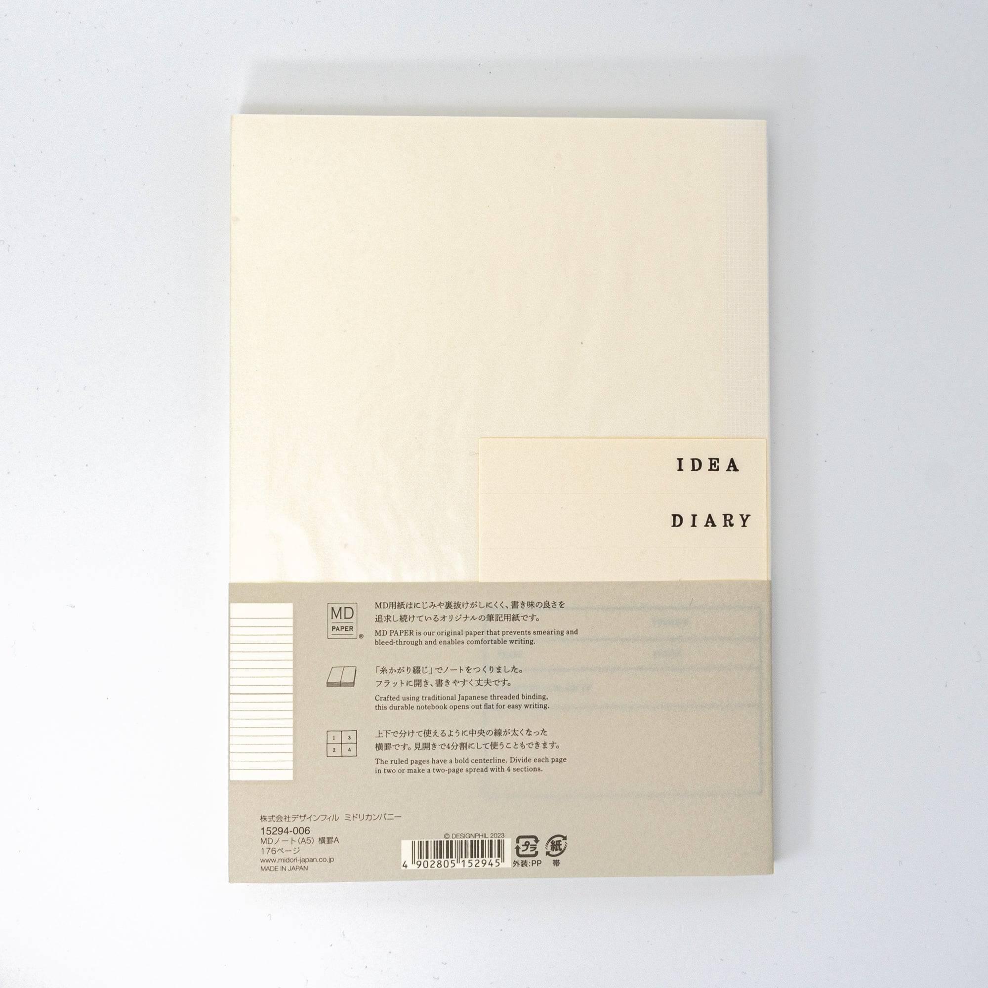 The back cover of a Japanese stationery MD Notebook with product details and a label reading "IDEA DIARY," emphasizing its versatility for writing.