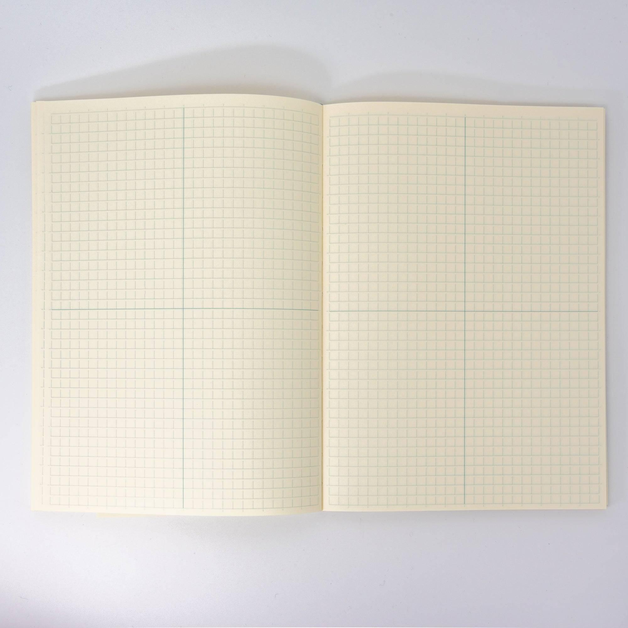 An open MD notebook displaying grid-lined pages, designed for versatile use in Japanese stationery.