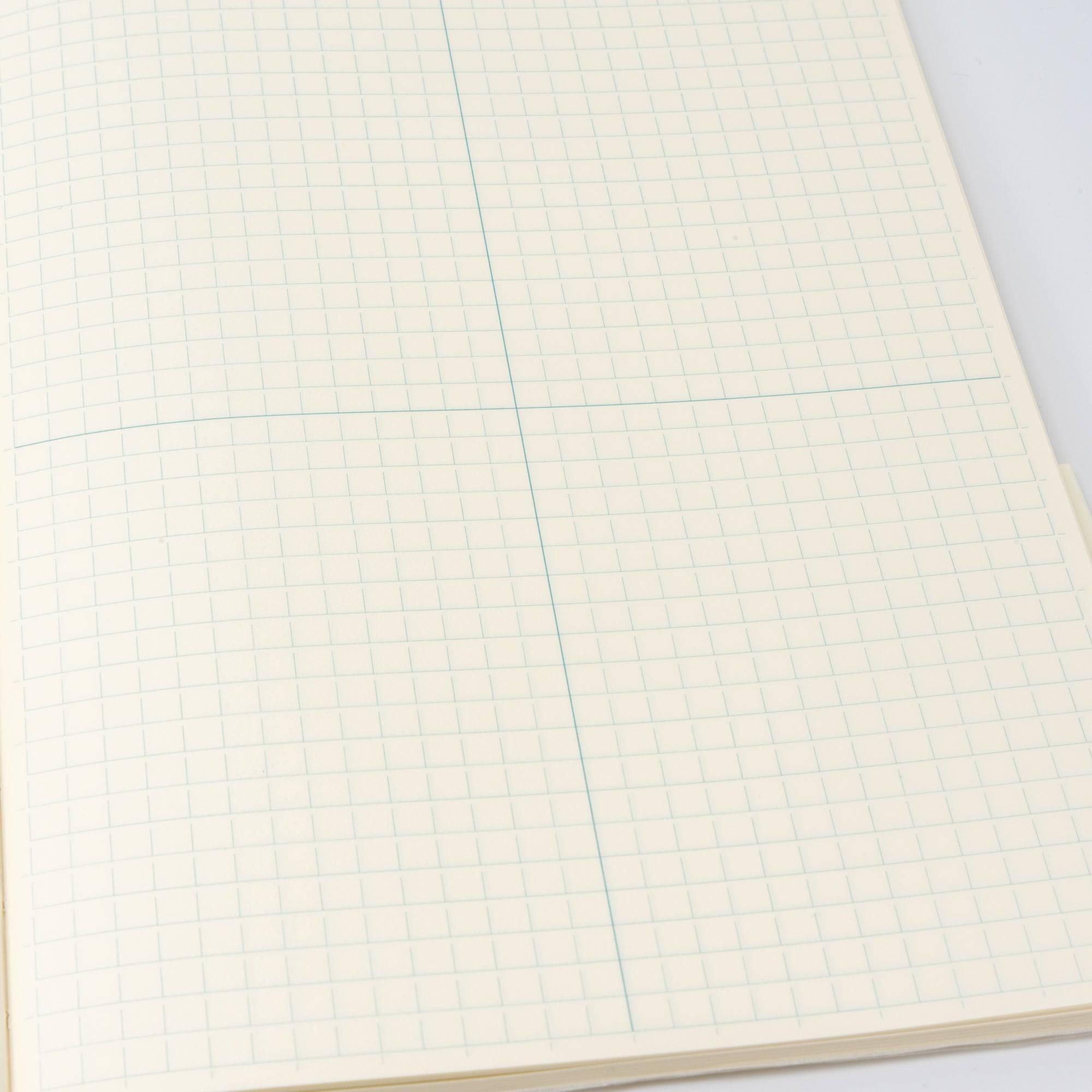 Close-up of grid lines on MD notebook pages, ideal for structured writing, part of Japanese stationery.