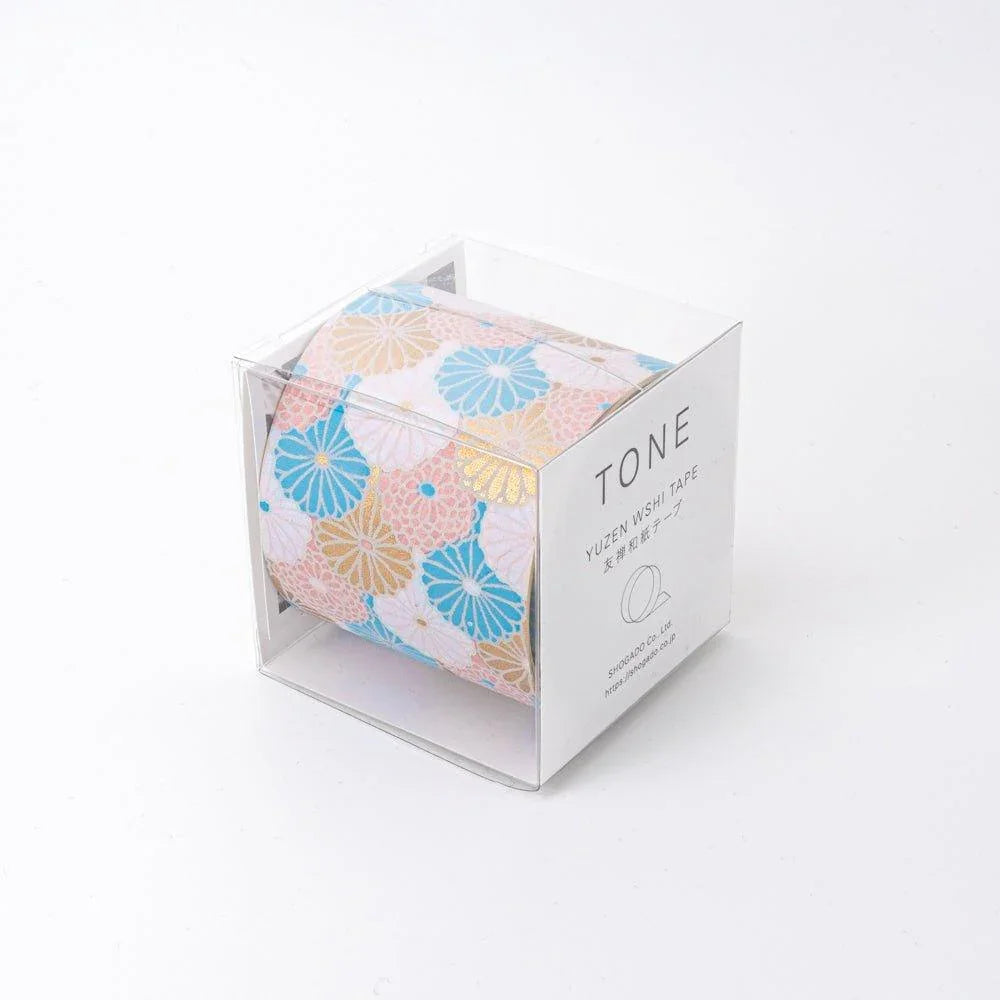 Japanese hand-dyed yuzen washi tape in clear acrylic TONE box, pastel chrysanthemum in blue, pink, and gold on white